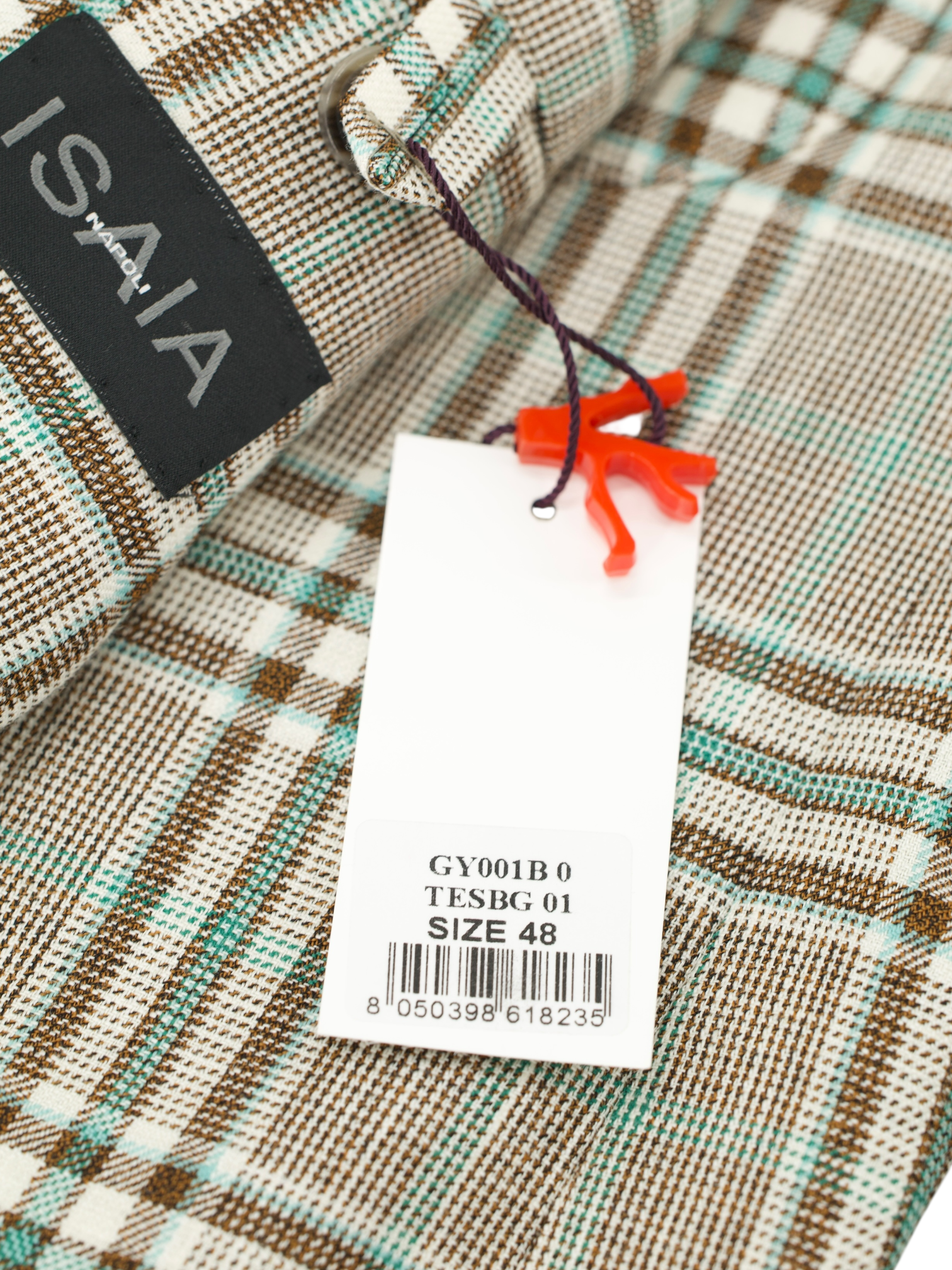 Isaia Taupe & Turquoise Wool, Linen, Silk & Cashmere Tartan Jacket