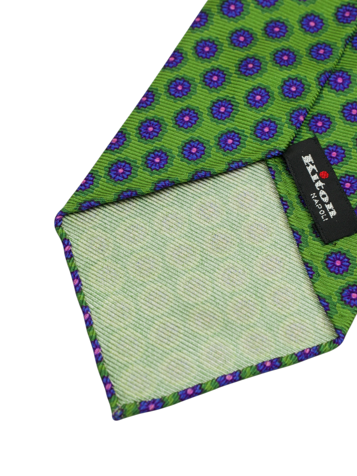 Kiton 5-Fold Green & Pink Handrolled Silk Floral Pattern Tie