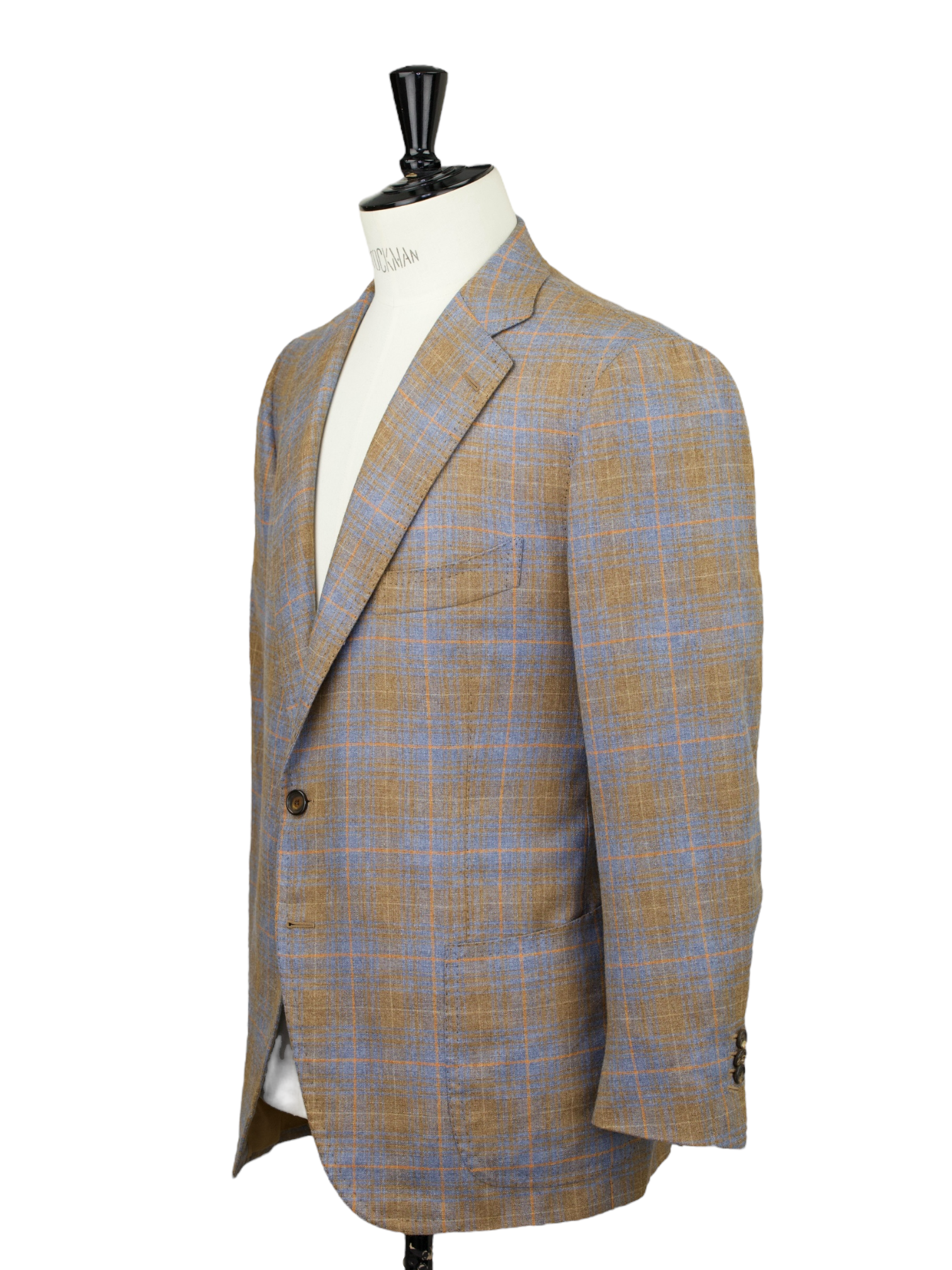 Cesare Attolini Taupe, Light Blue & Orange Silk & Cashmere Check Jacket