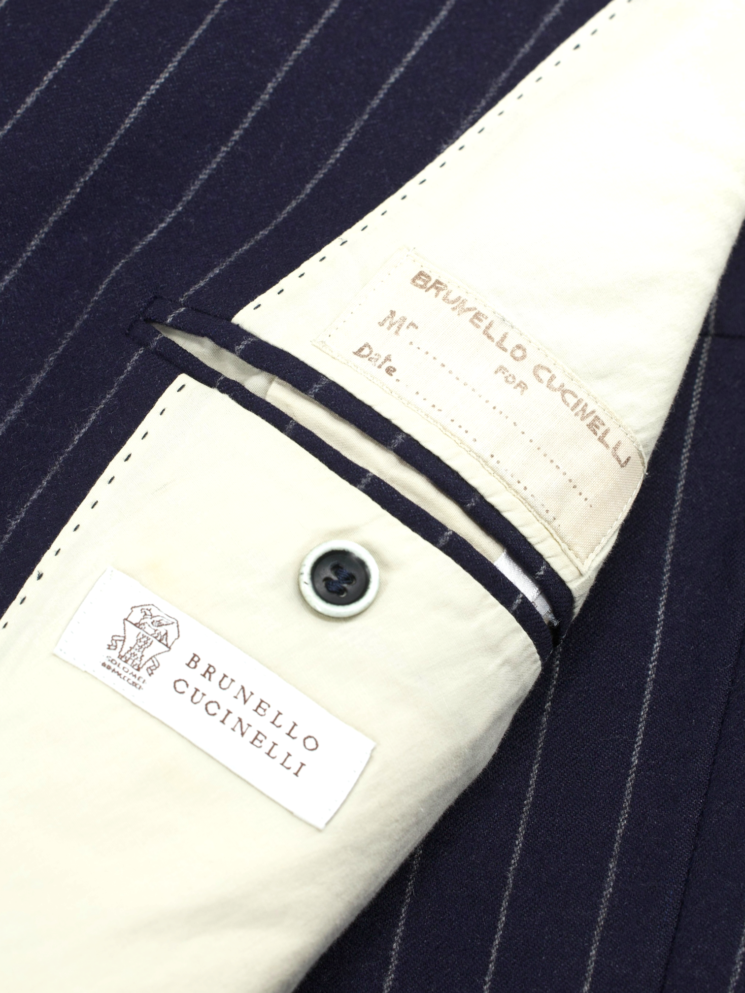 Brunello Cucinelli Navy Wool & Cashmere Elbow-Patch Pinstripe Jacket