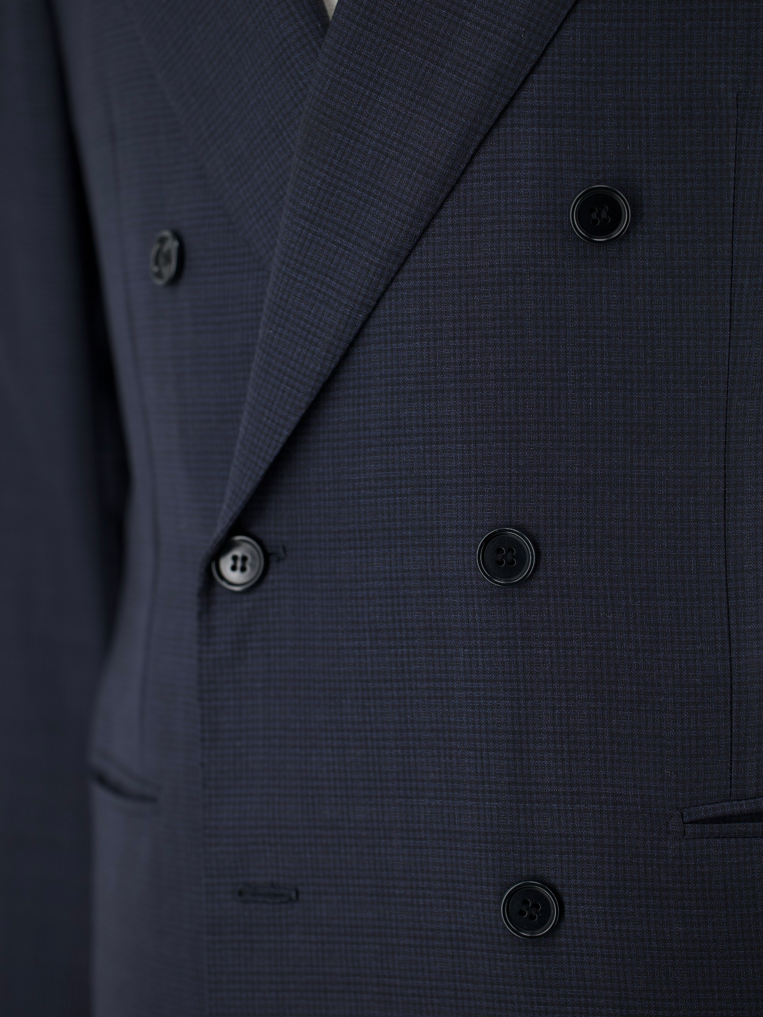 Kiton Navy Super 180's Double Breasted Micro-Pattern Jacket