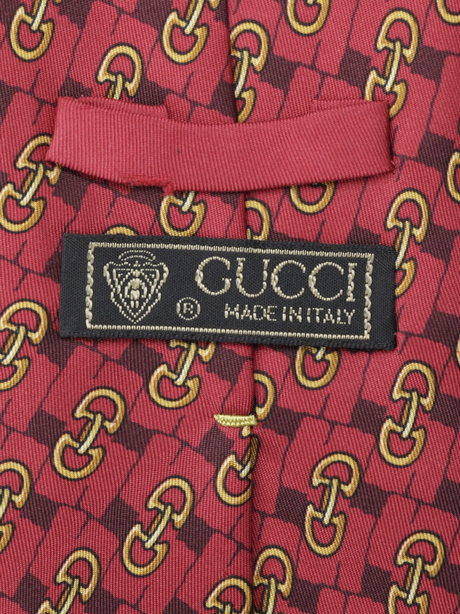 Gucci Red & Gold Silk Vintage Horsebit Pattern Tie