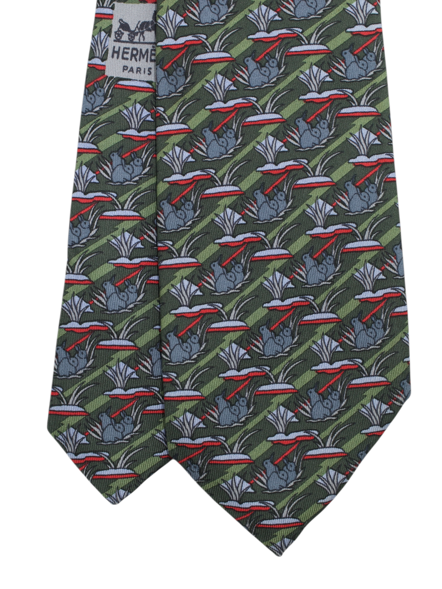 Hermès Olive Green & Red Silk Bunny Pattern Tie