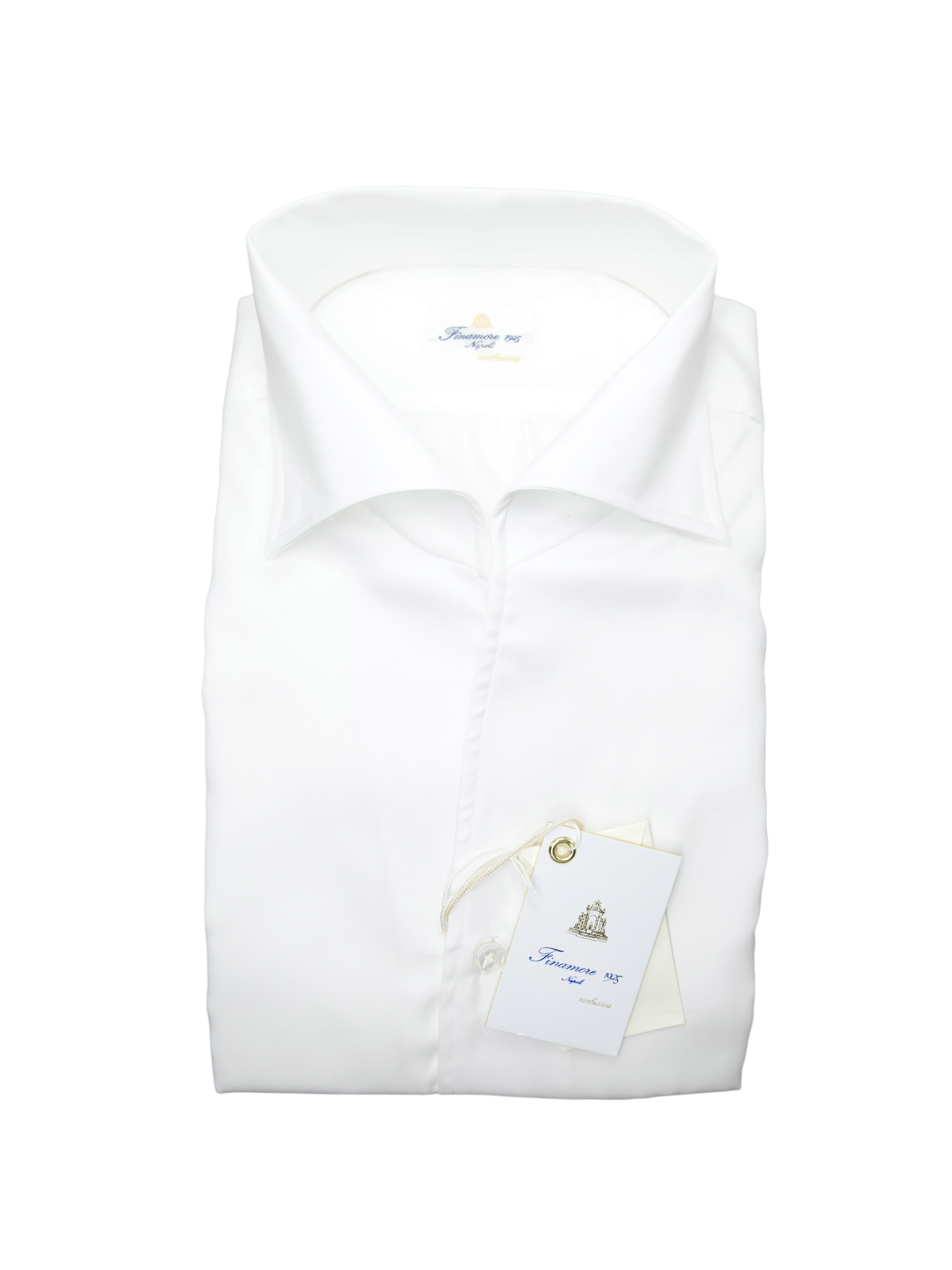 Finamore Esclusiva White Cotton Handmade One-Piece-Collar Twill Shirt