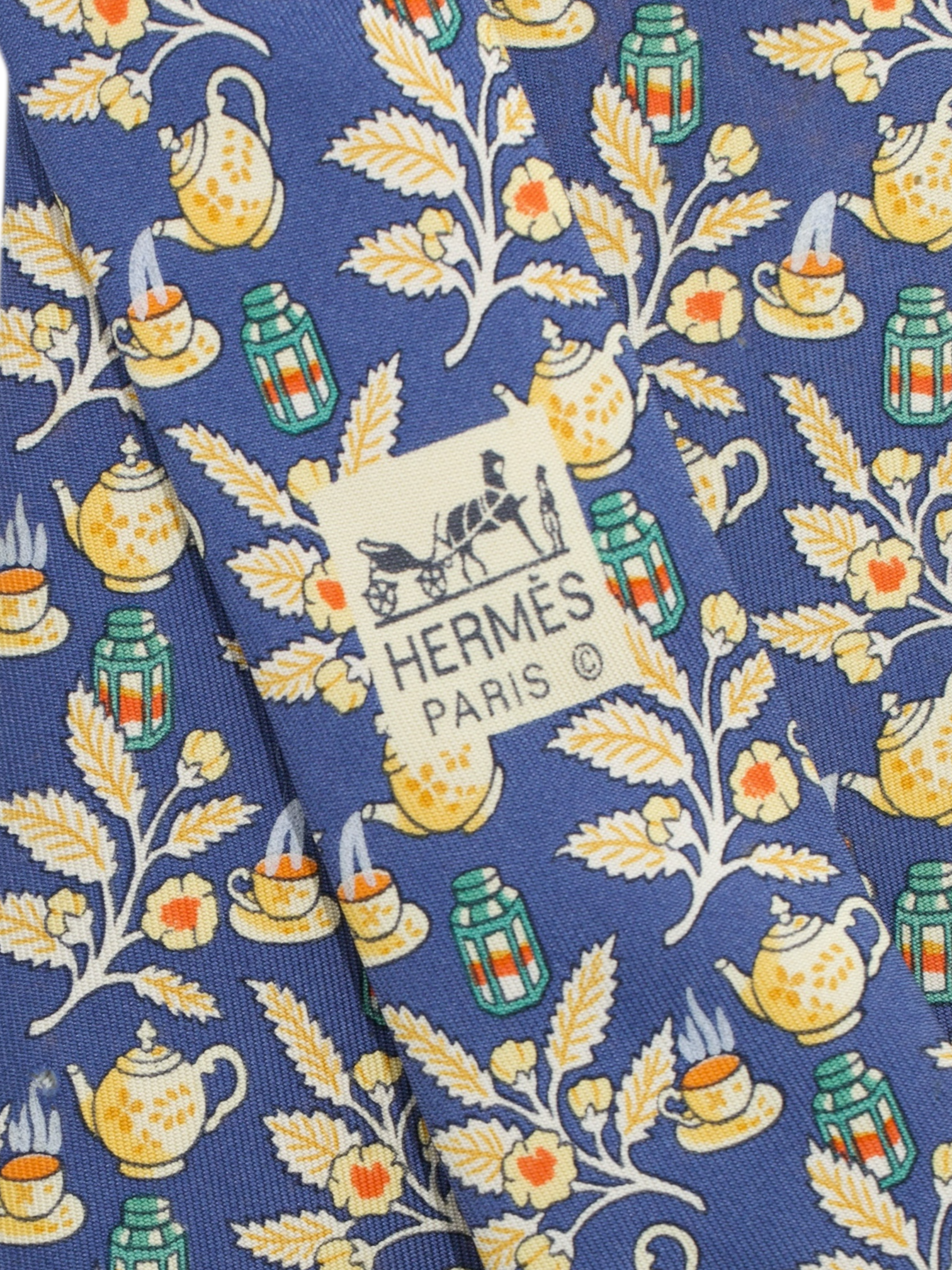 Hermès Denim Blue & Yellow Silk High Tea Pattern Tie