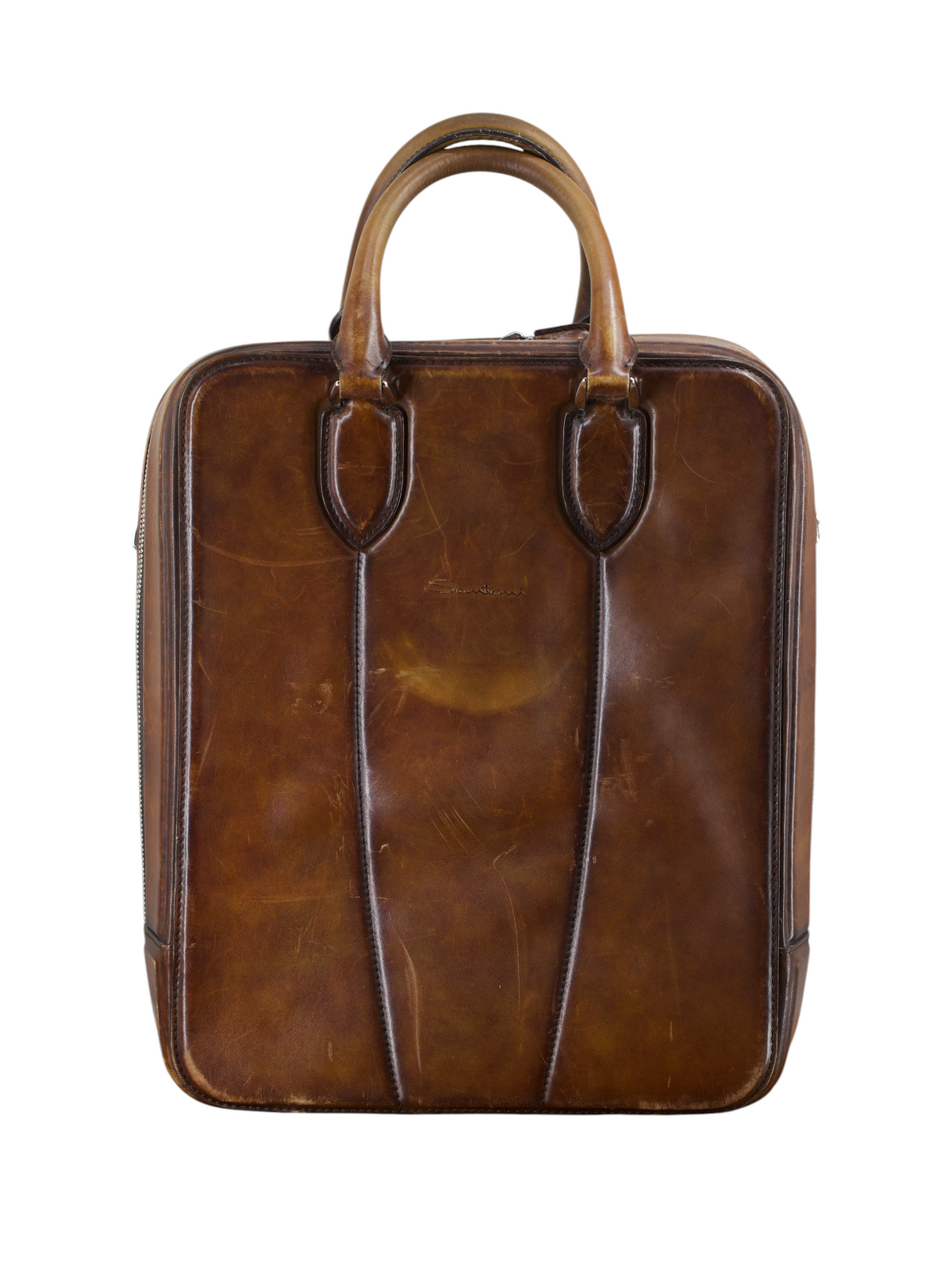 Santoni Cognac Brown Patina-Leather Business Tote-Bag