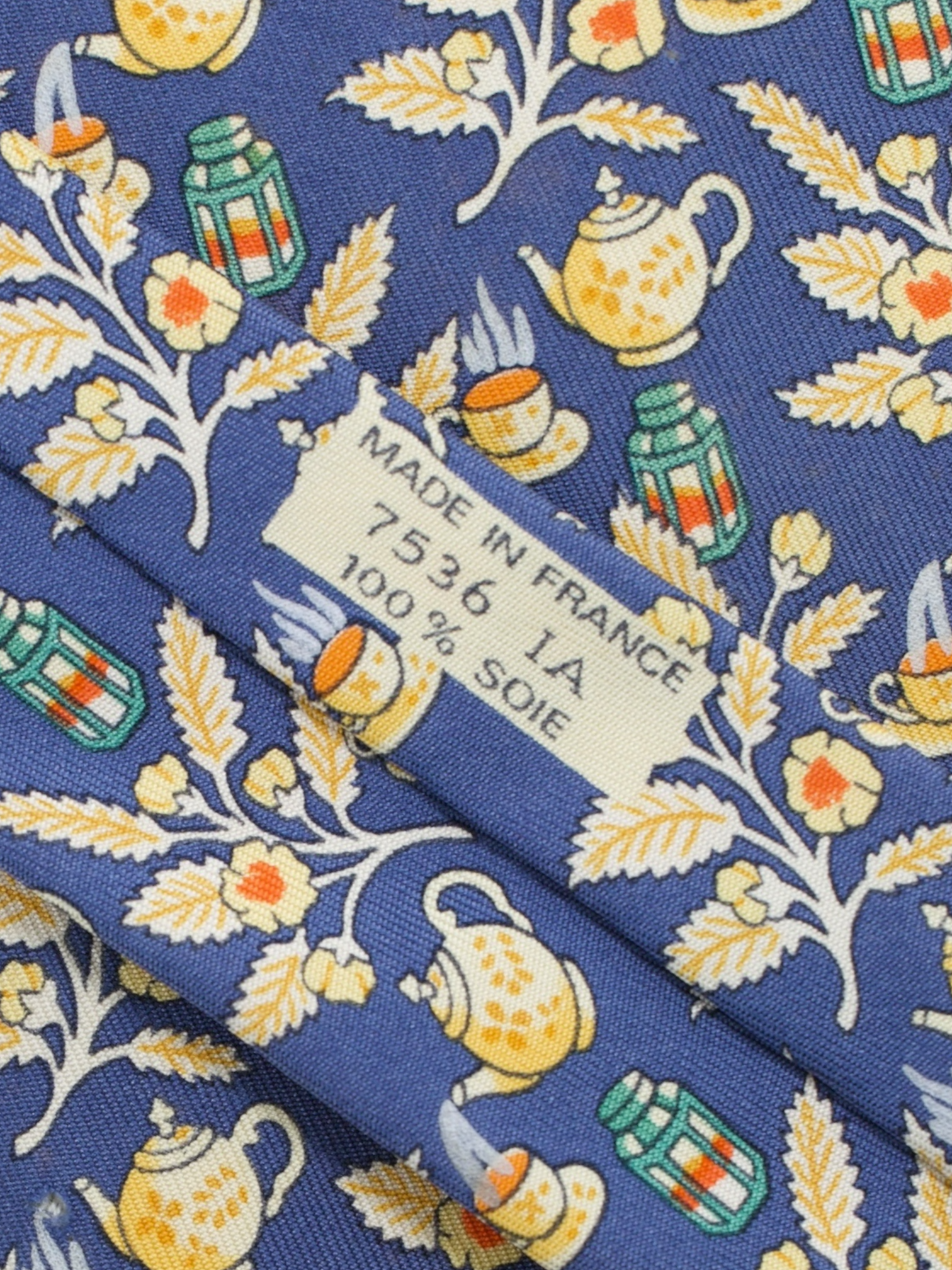 Hermès Denim Blue & Yellow Silk High Tea Pattern Tie