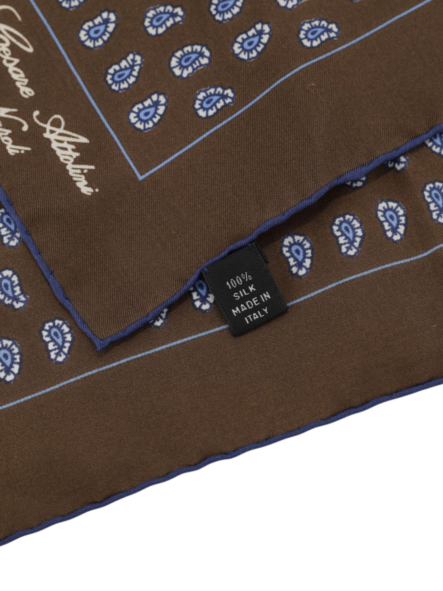 Cesare Attolini Brown & Blue Paisley Handrolled Pocket Square