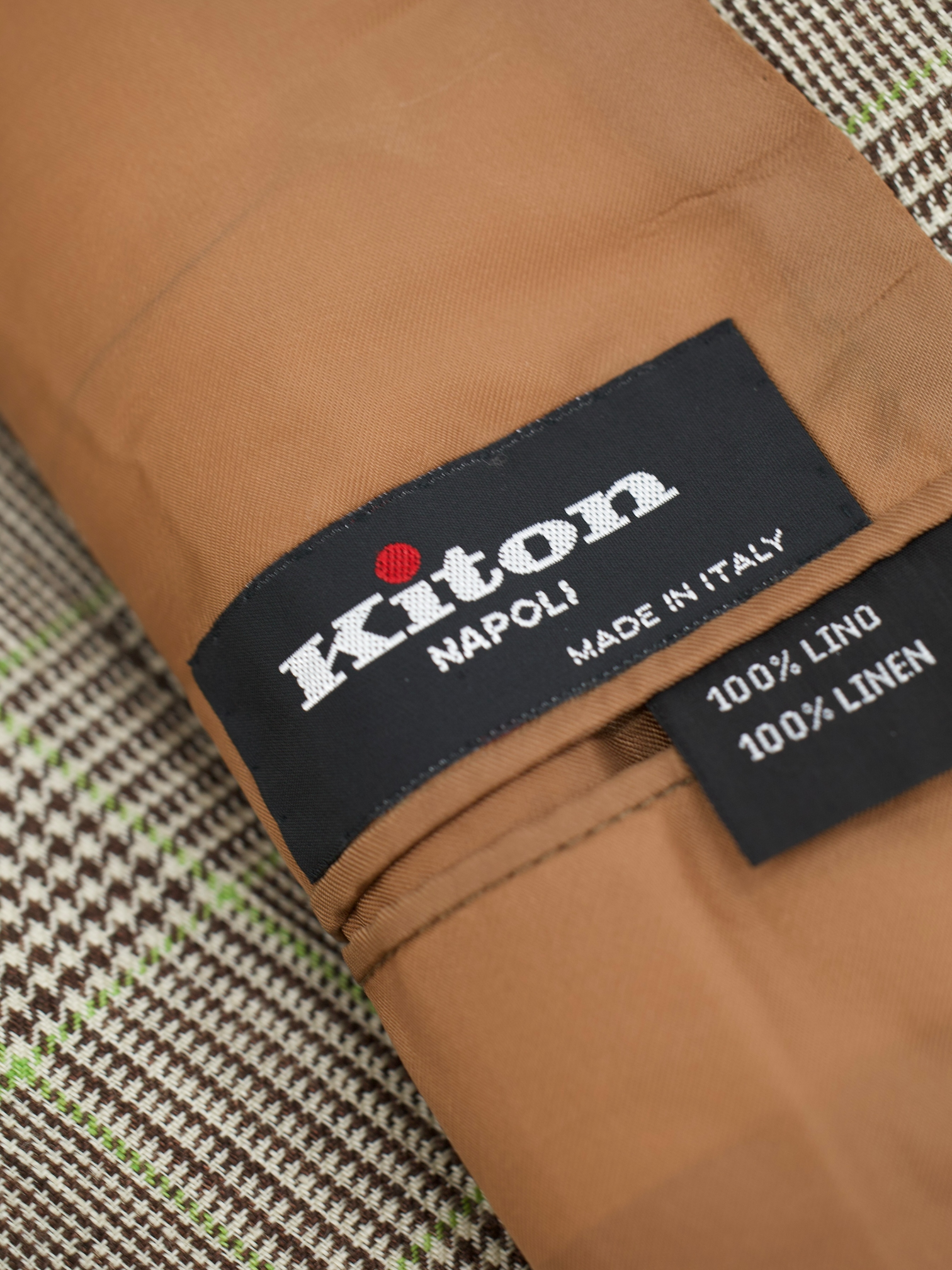 Kiton Light Brown & Lime Green Pure Linen Prince of Wales Jacket