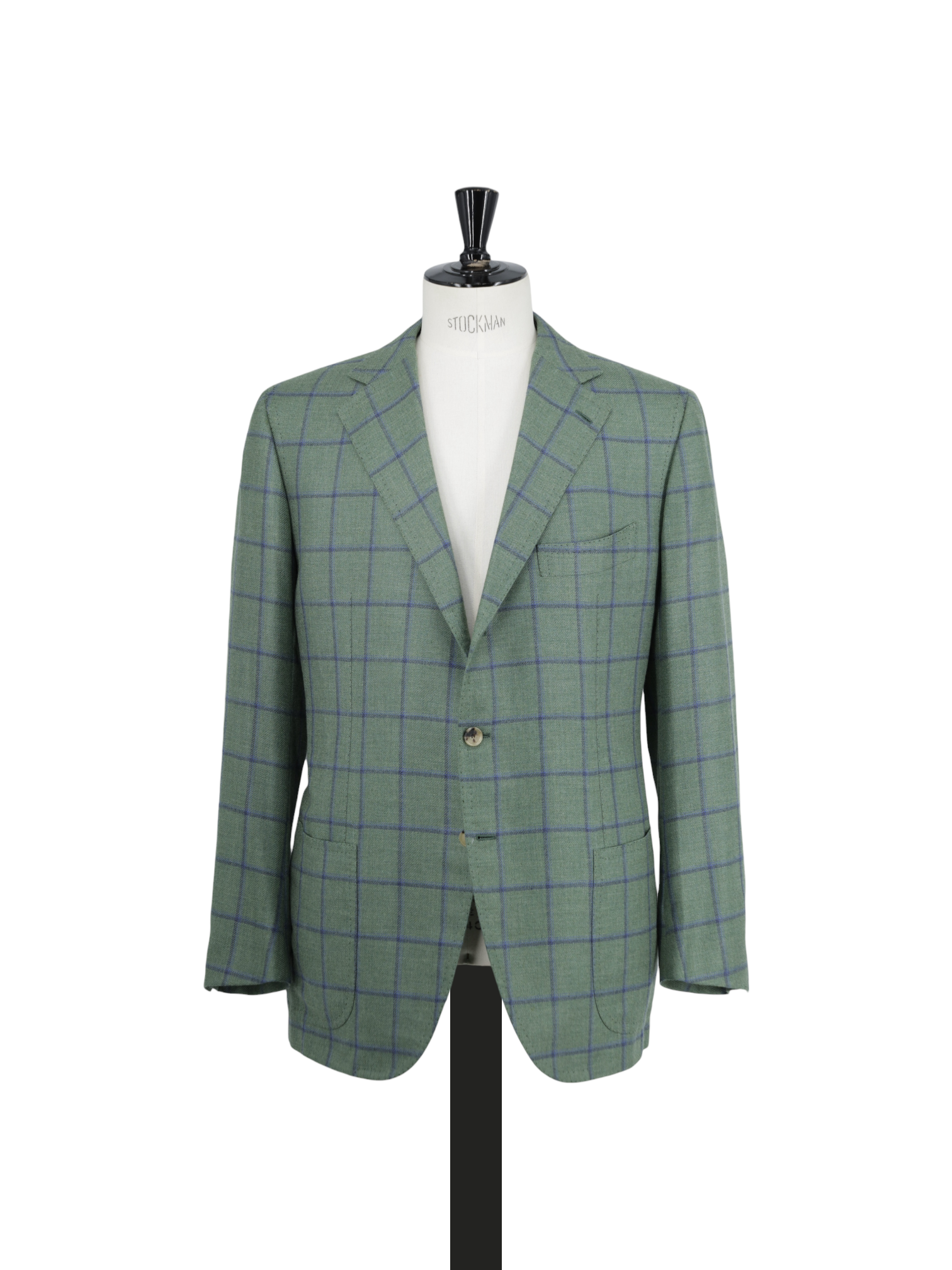 Cesare Attolini Light Green & Blue Cashmere Silk Blend Windowpane Jacket