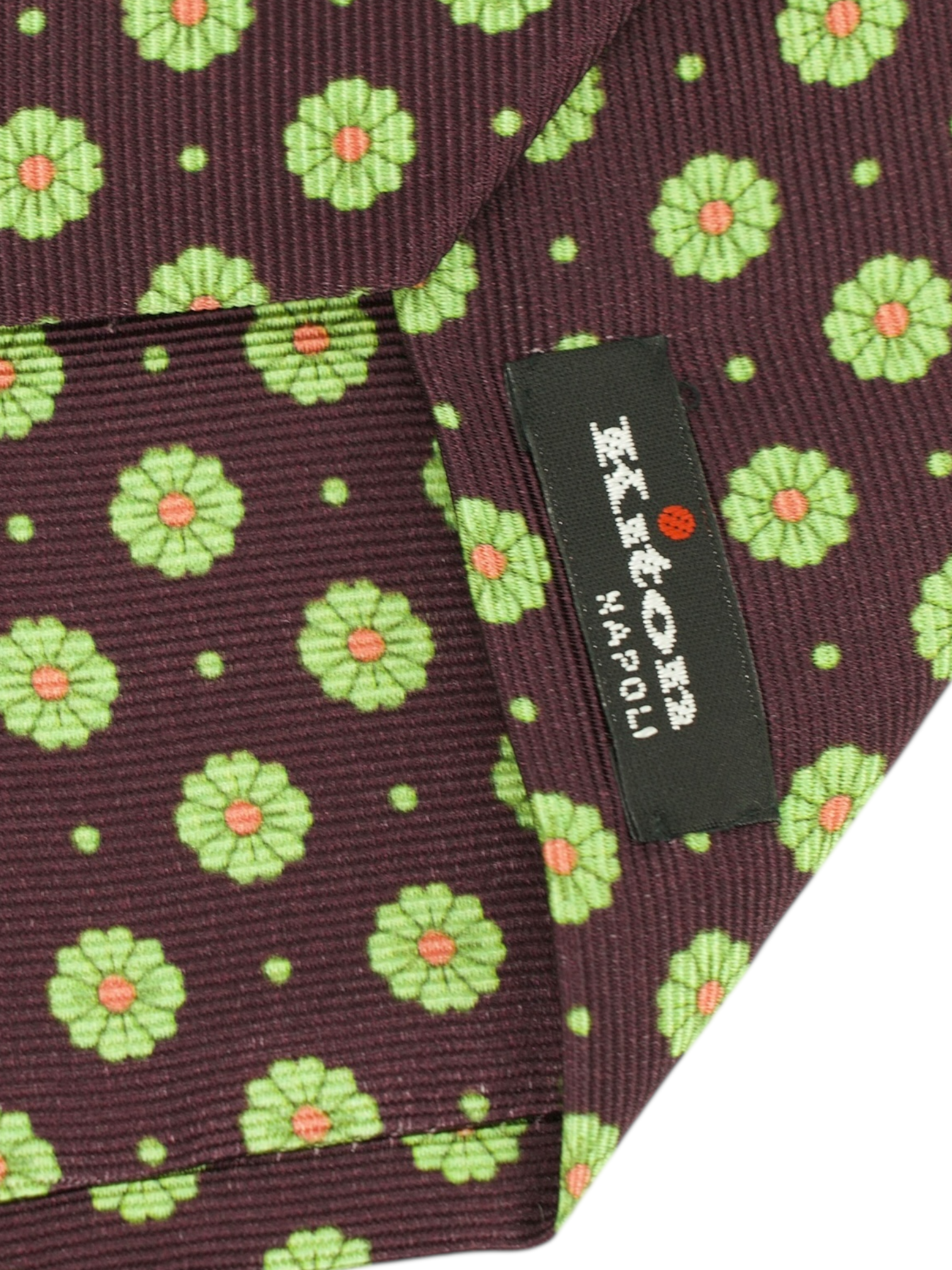Kiton 5-Fold Burgundy & Lime Green Silk Floral Tie