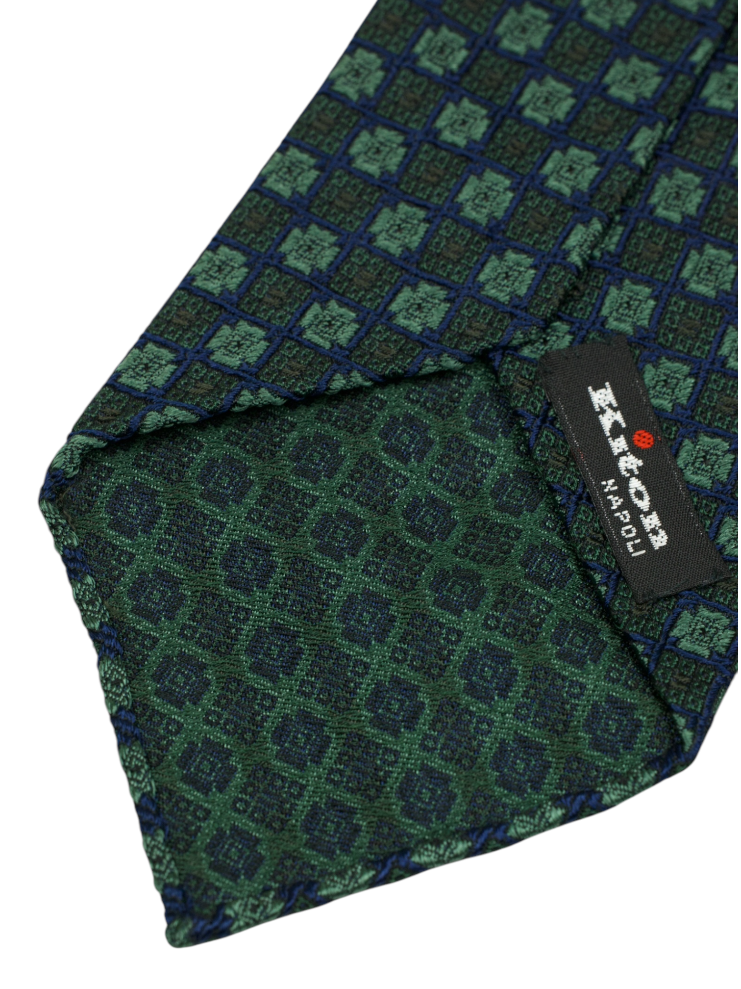 Kiton 5-Fold Dark Green Handrolled Silk Jacquard Geometric Pattern Tie