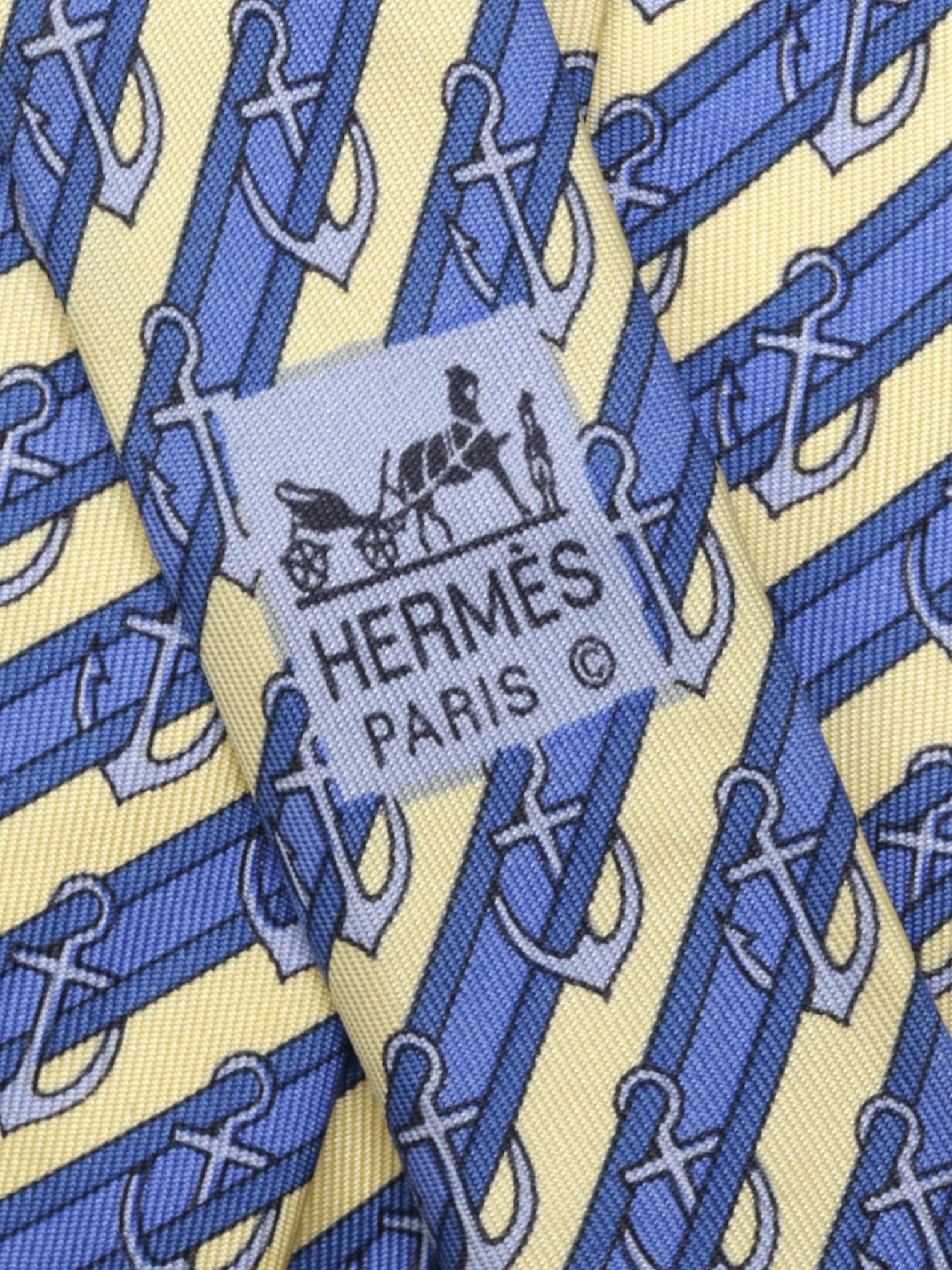 Hermès Staalblauw & Butter Geel Anchor-Pattern Striped Stropdas