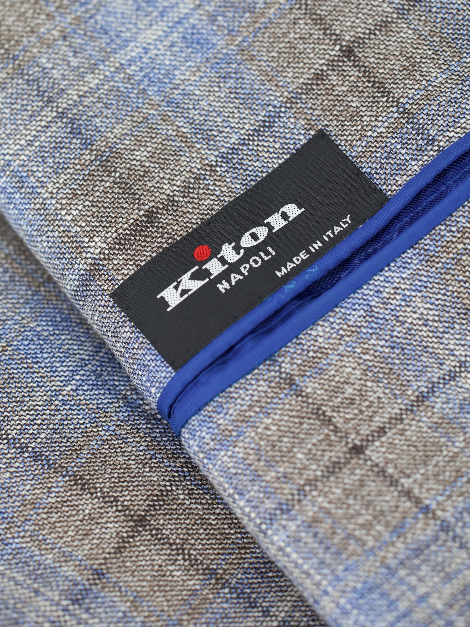 Kiton Taupe & Light Blue Fleece Wool, Silk & Linen Windowpane Jacket