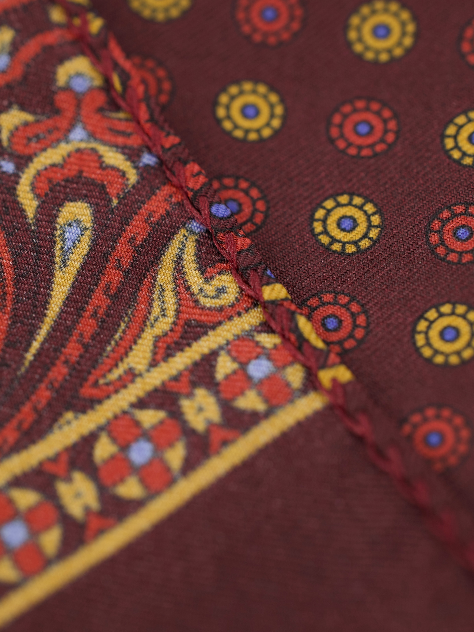 Cesare Attolini Wine Red & Yellow Silk Floral Foulard Scarf