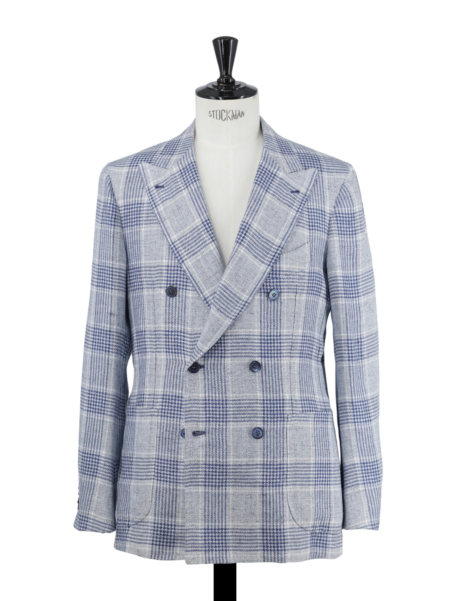 Orazio Luciano Steel & Denim Blue Double-Breasted Linen Glenplaid Jacket