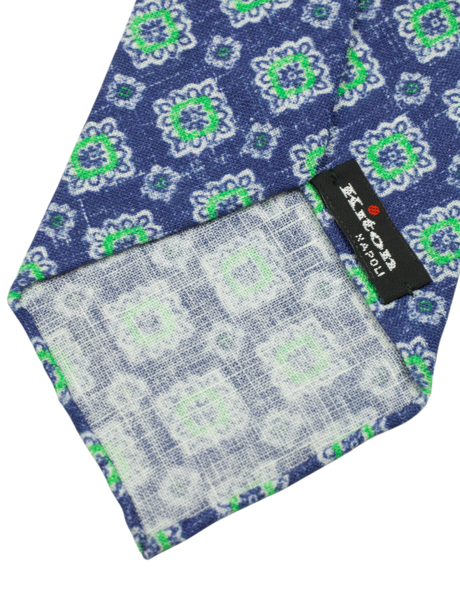 Kiton 5-Fold Denim Blue & Green Handrolled Linen Medallion Pattern Tie