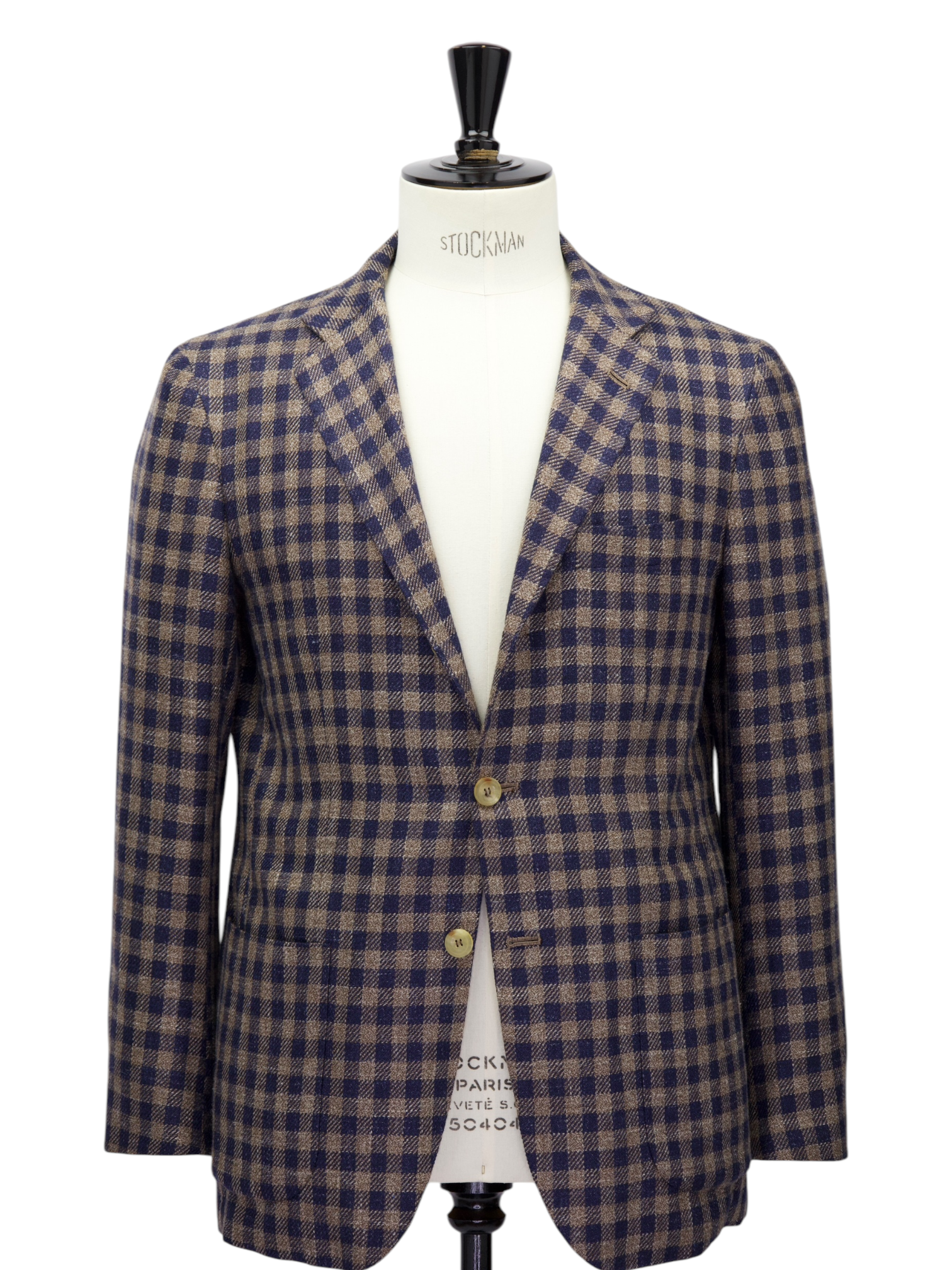 Kiton Light Brown & Navy Wool, Cashmere & Linen Gingham Check Jacket