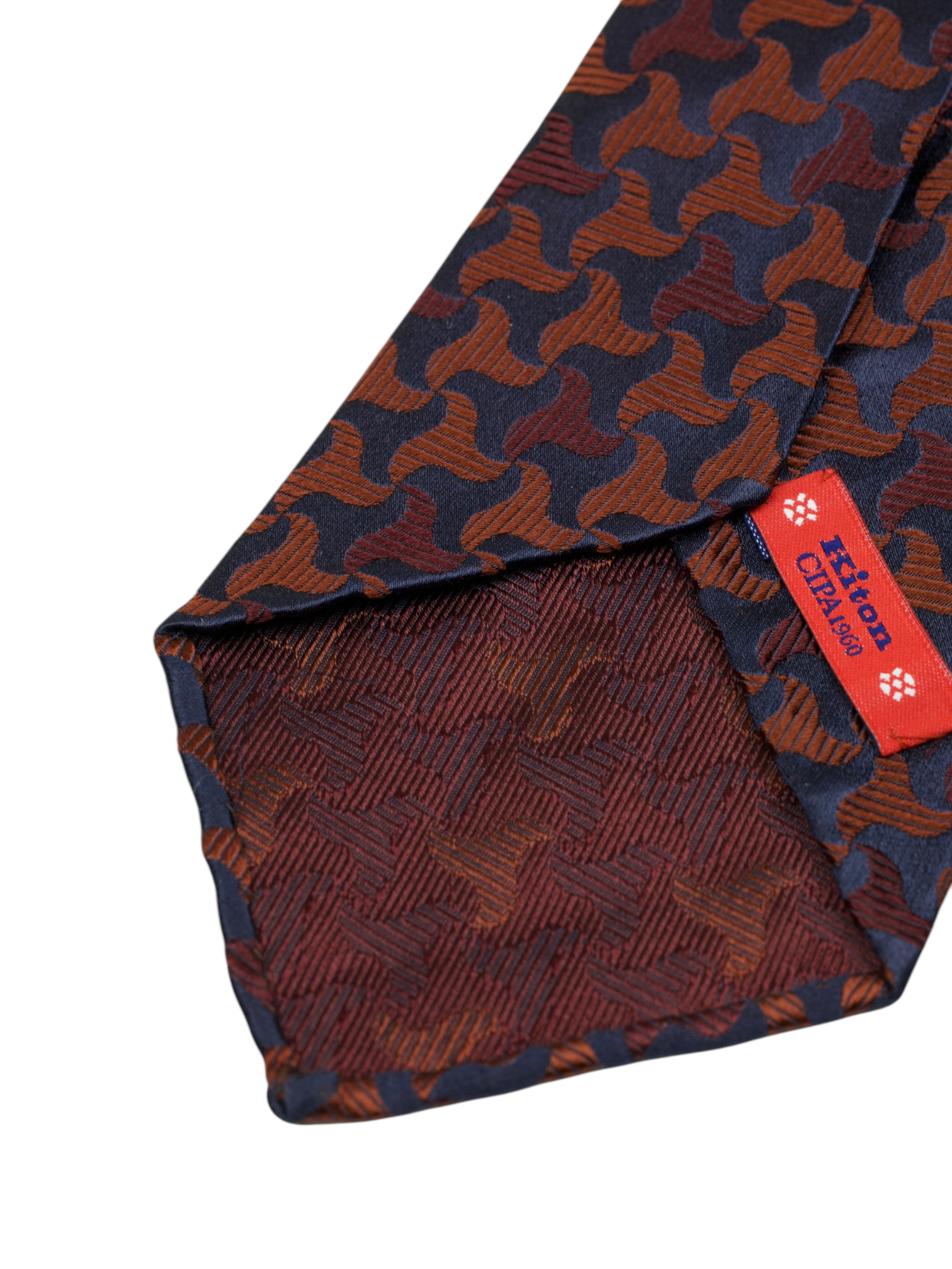 Kiton 5-Fold Dark Red & Navy Handrolled Silk Geometric Pattern "Cipa 1960" Tie