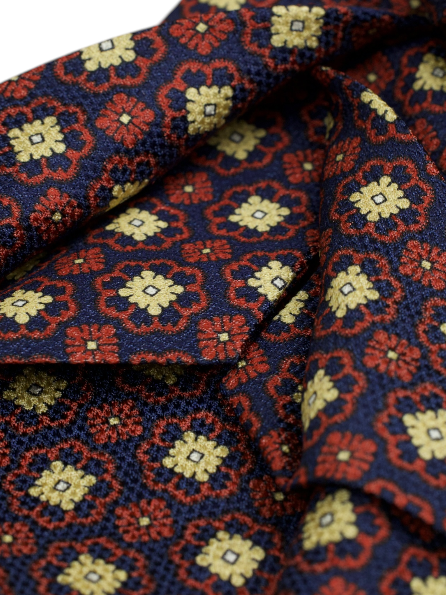 Kiton 5-Fold Navy & Red Silk Floral Medaillon Pattern Tie