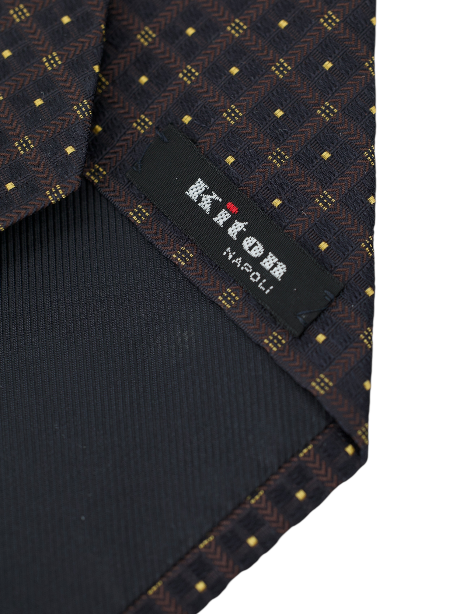 Kiton 5-Fold Deep Dark Brown & Yellow Square Pattern Tie