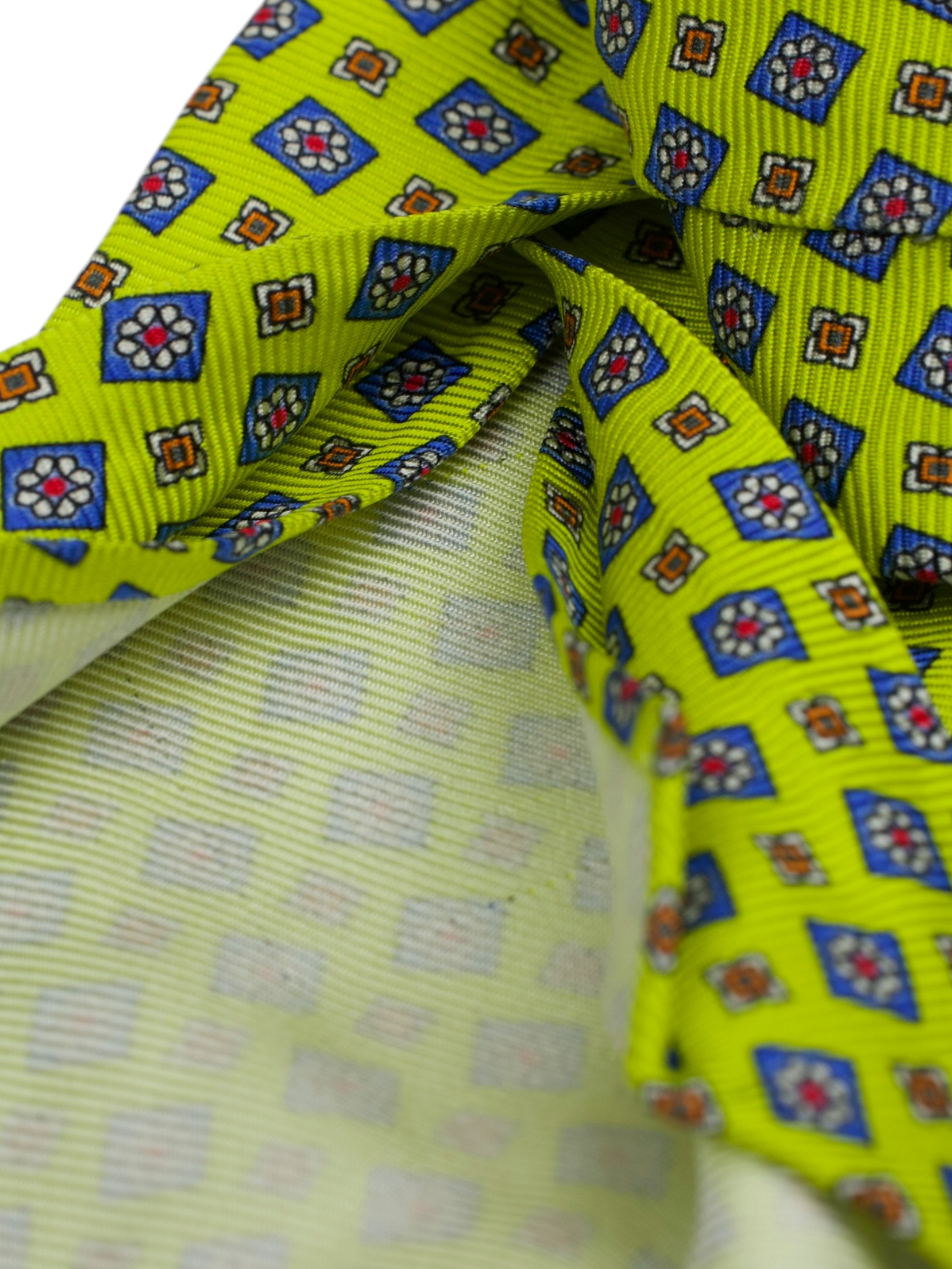 Kiton 5-Fold Lime Green & Blue Handrolled Silk Geometric Pattern Tie