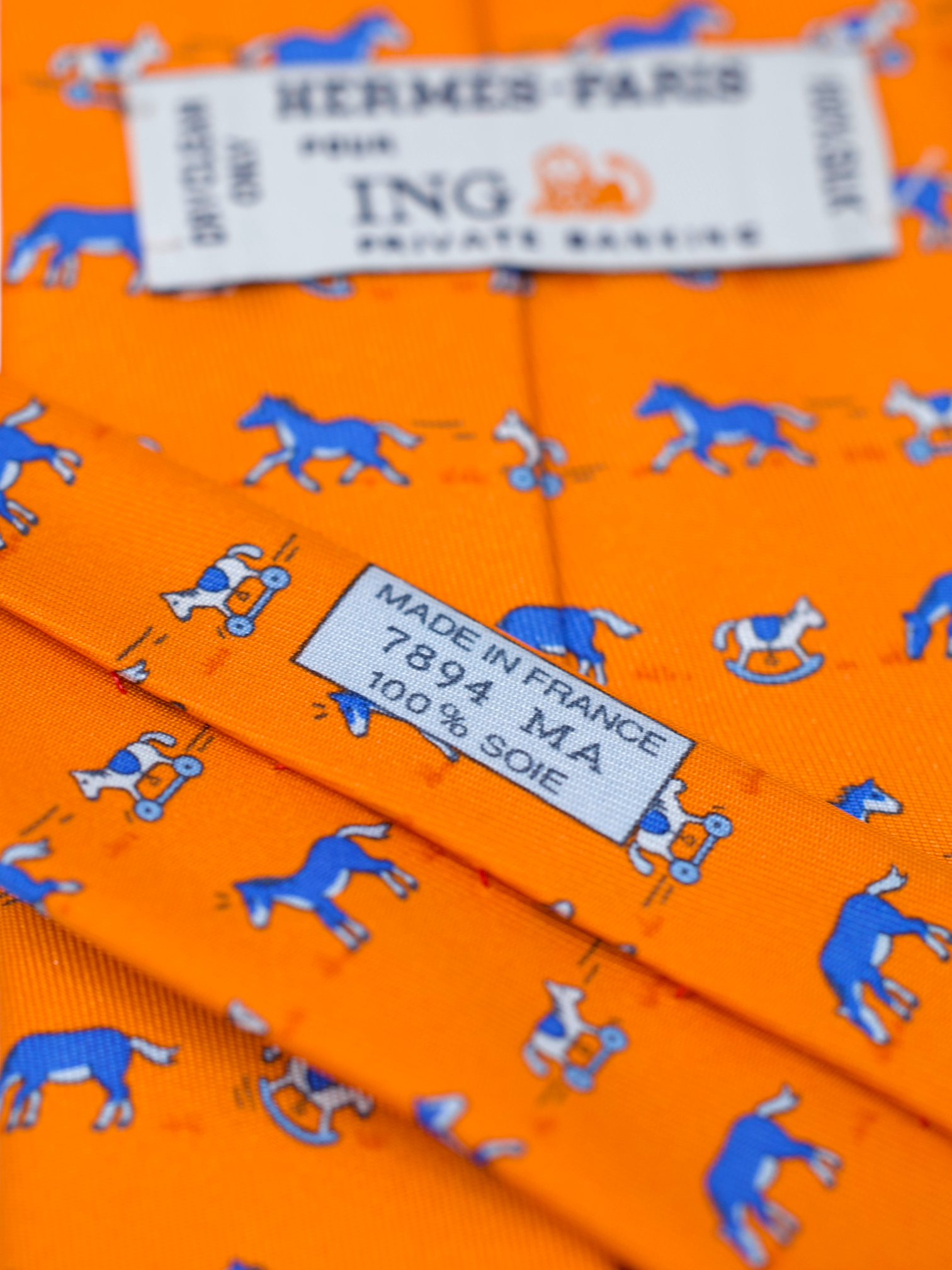 Hermès x ING Private-Banking Orange & Blue Silk Horse-Pattern Tie