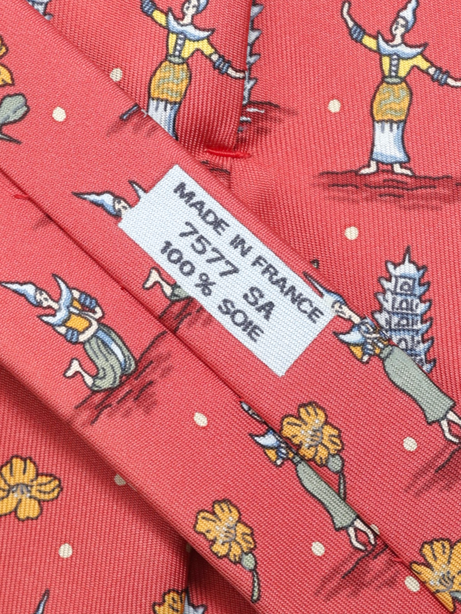 Hermès Coral Red Silk Oriental Pagoda-Pattern Tie