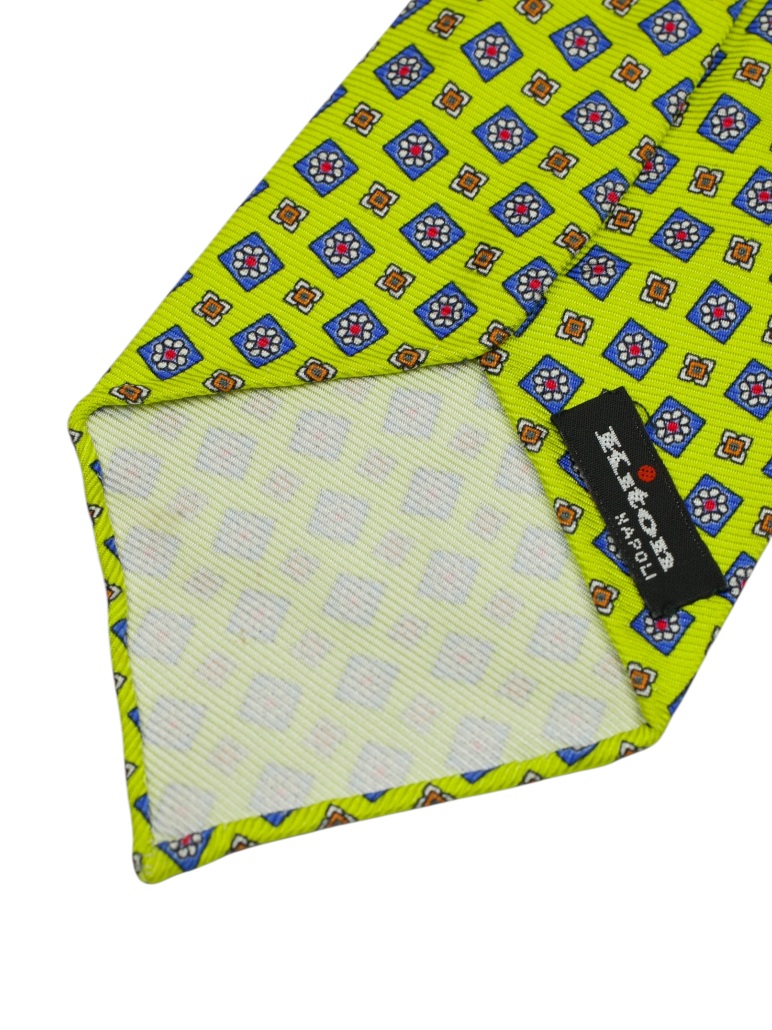 Kiton 5-Fold Lime Green & Blue Handrolled Silk Geometric Pattern Tie