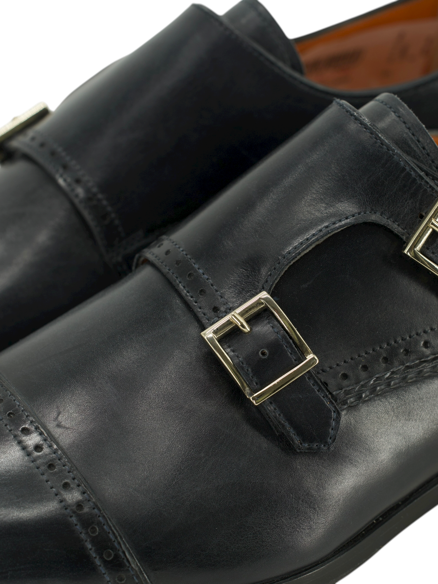Santoni Black Calfleather Perforated-Captoe Double Monk Shoes