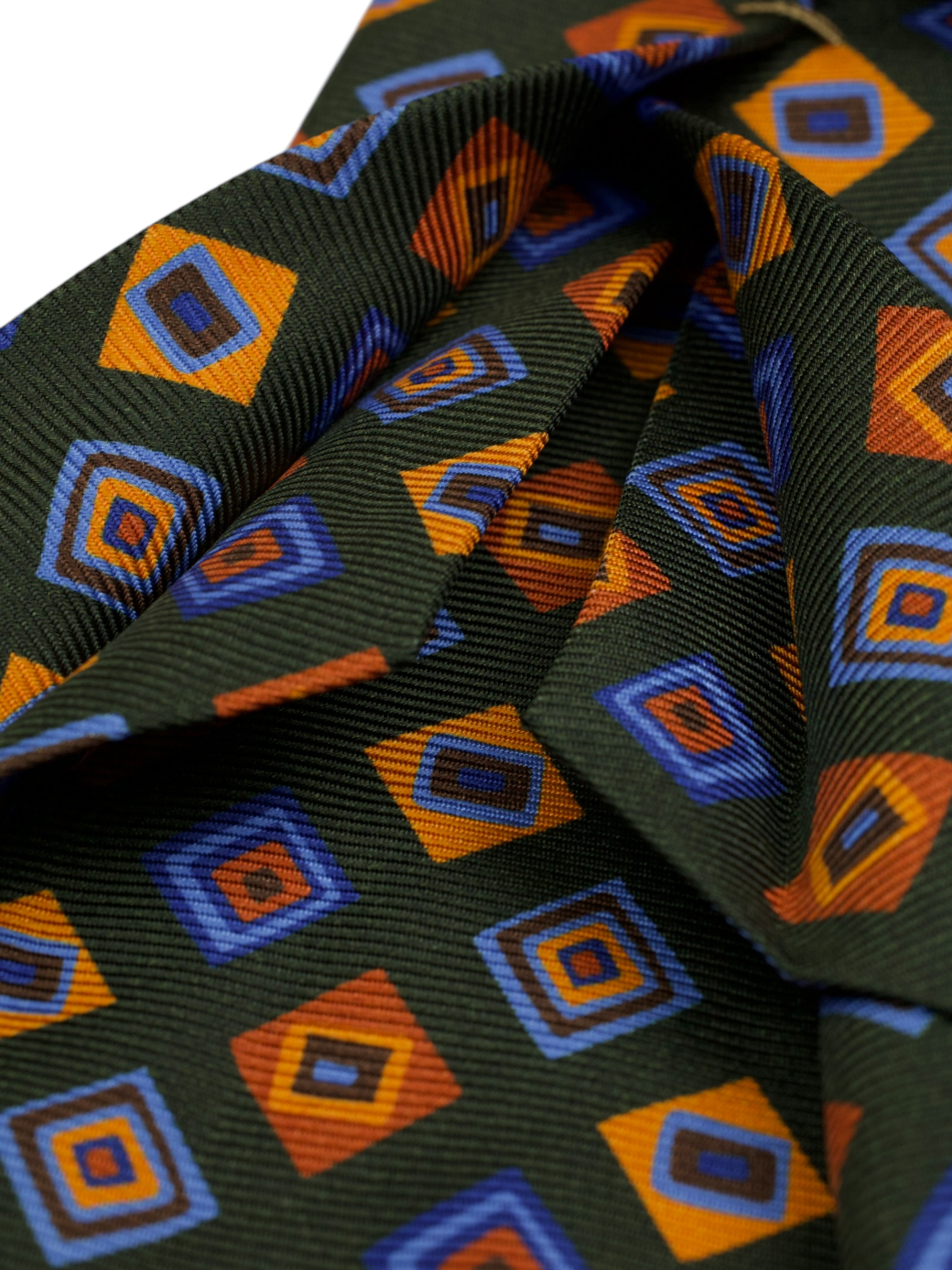 Kiton 5-Fold Forest Green & Orange Silk Vintage Geometric Pattern Tie