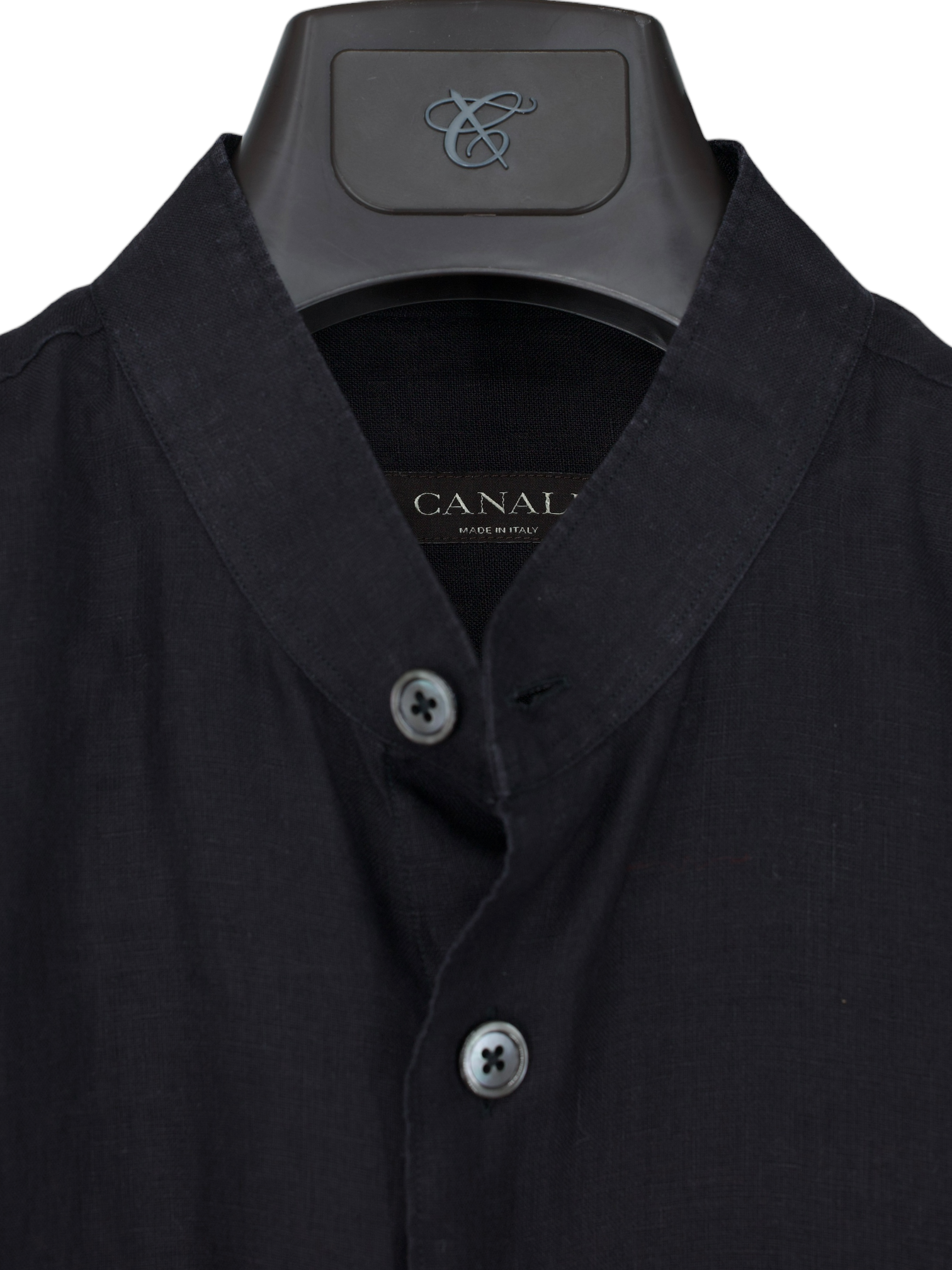 Canali Black Pure Linen Mandarin-Collar Summer Shirt