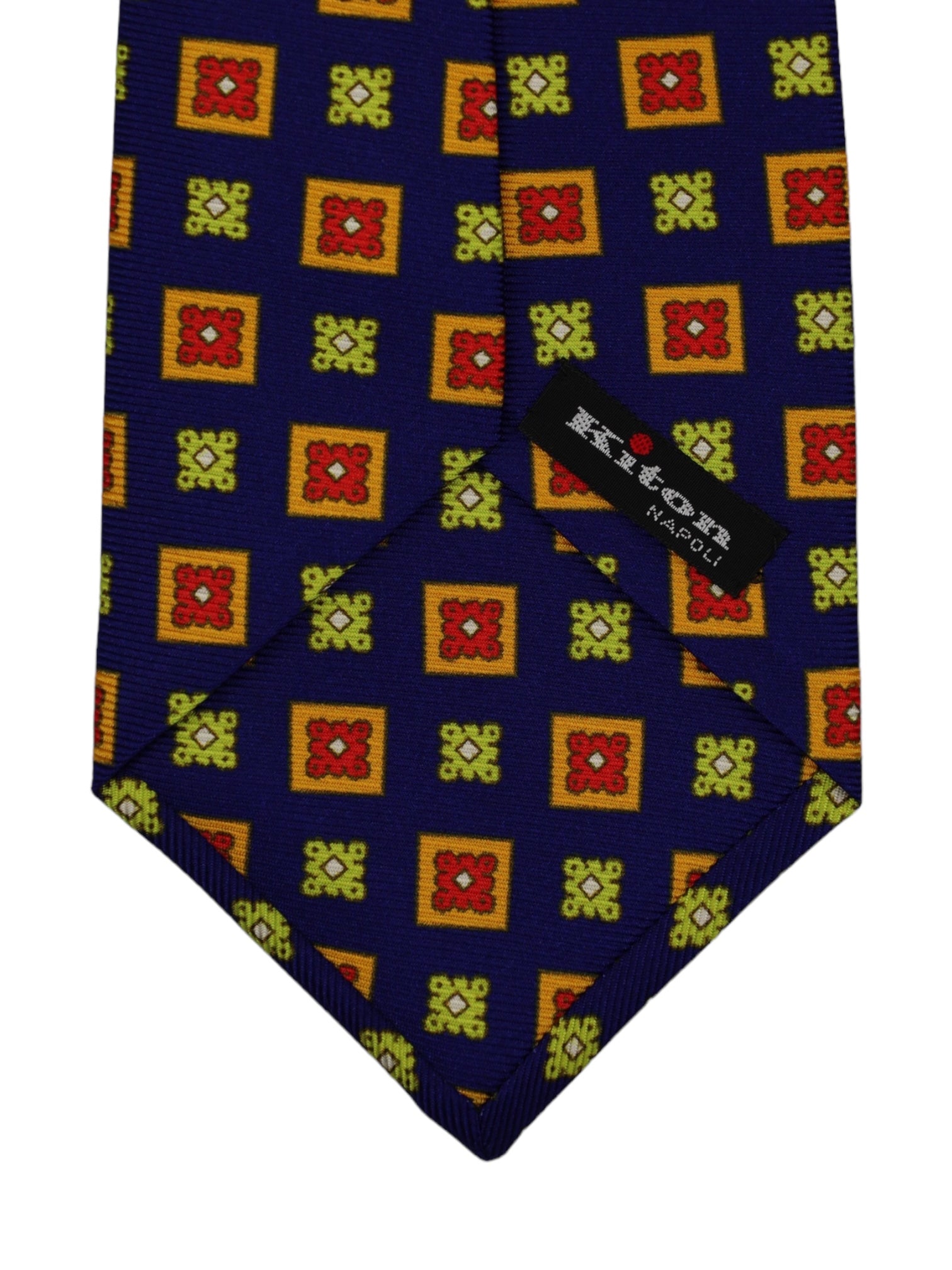 Kiton 5-Fold Blue Vintage Geometric Pattern Silk Tie