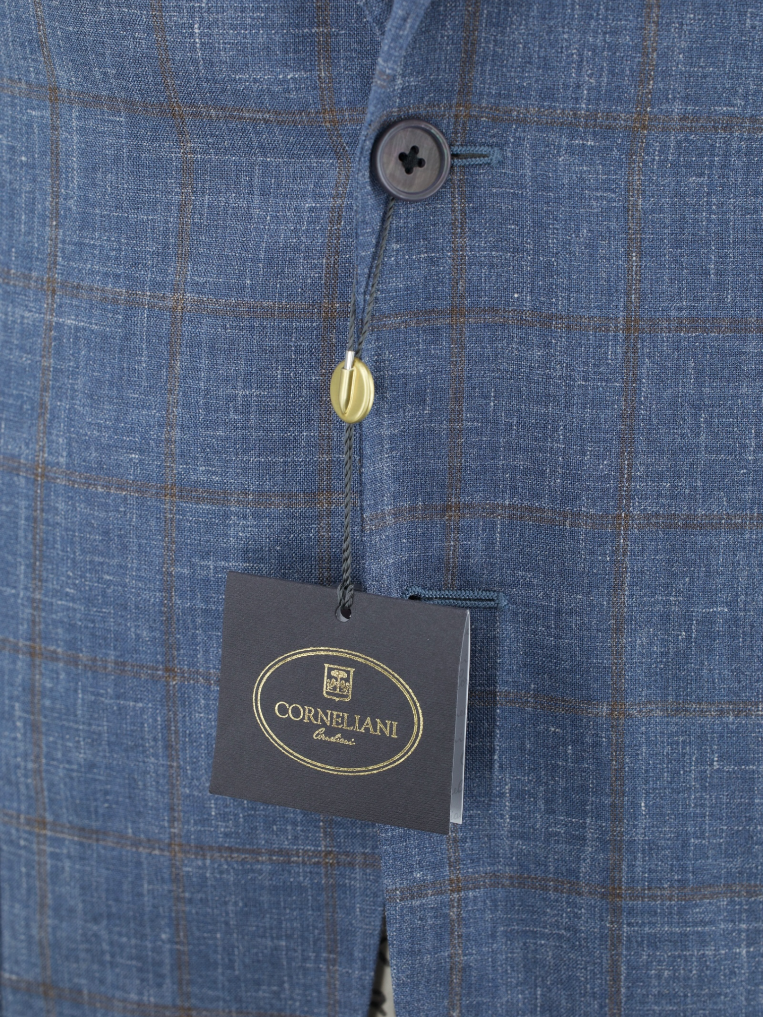 Corneliani Chambray Blue & Brown Wool, Silk & Linen Windowpane Jacket