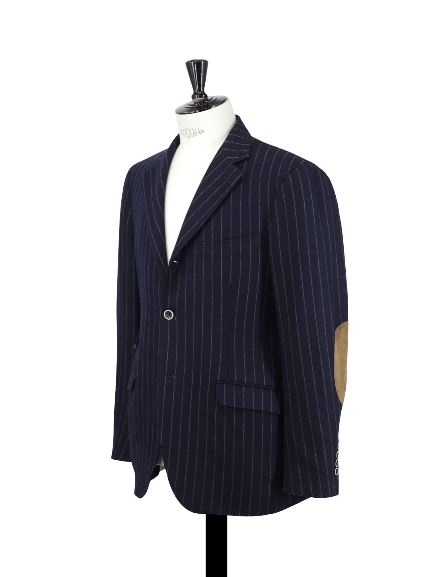 Brunello Cucinelli Navy Wool & Cashmere Elbow-Patch Pinstripe Jacket