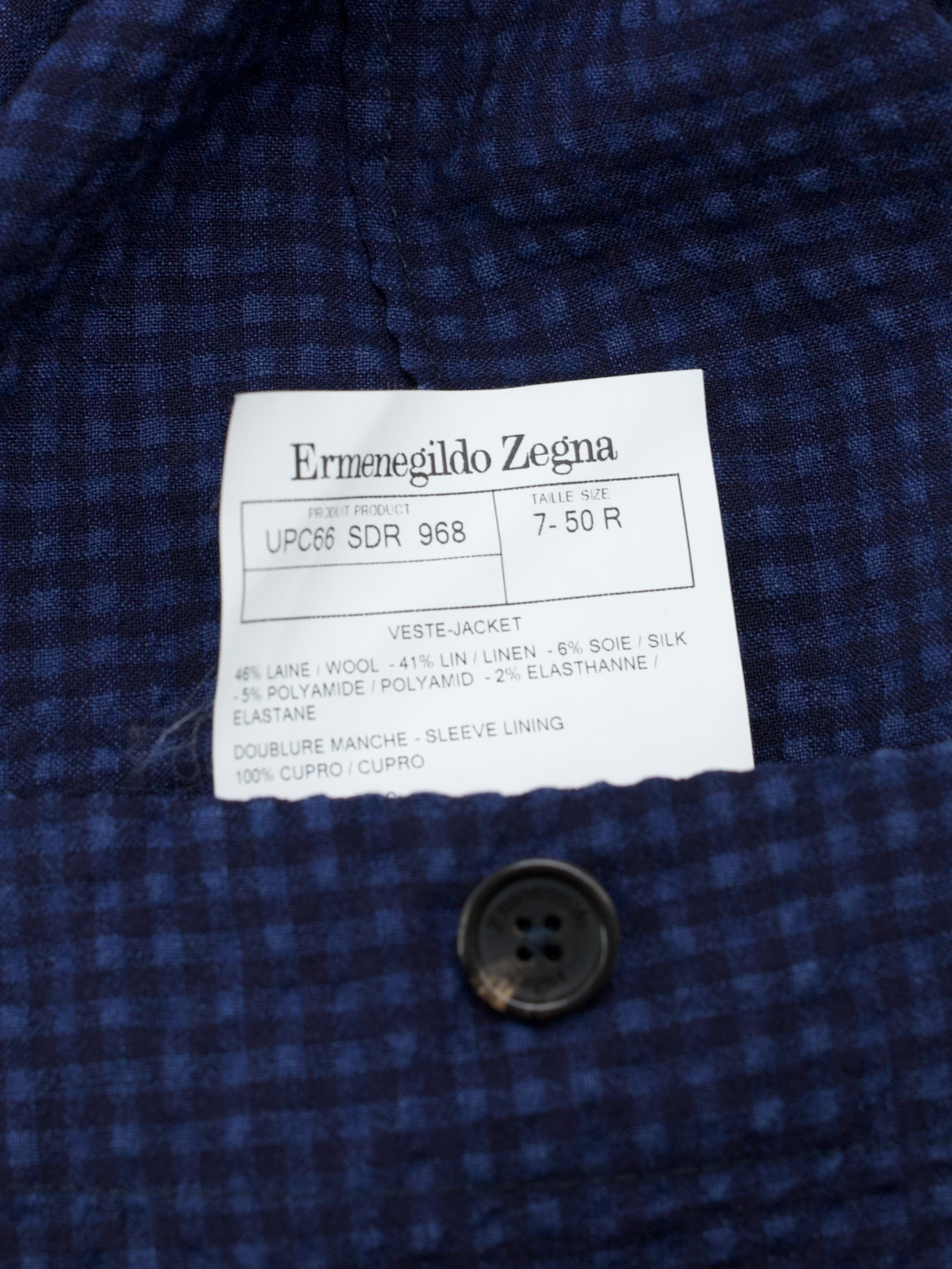 Ermenegildo Zegna Dark Blue Wool, Linen, Silk & Stretch Seersucker Gingham Jacket