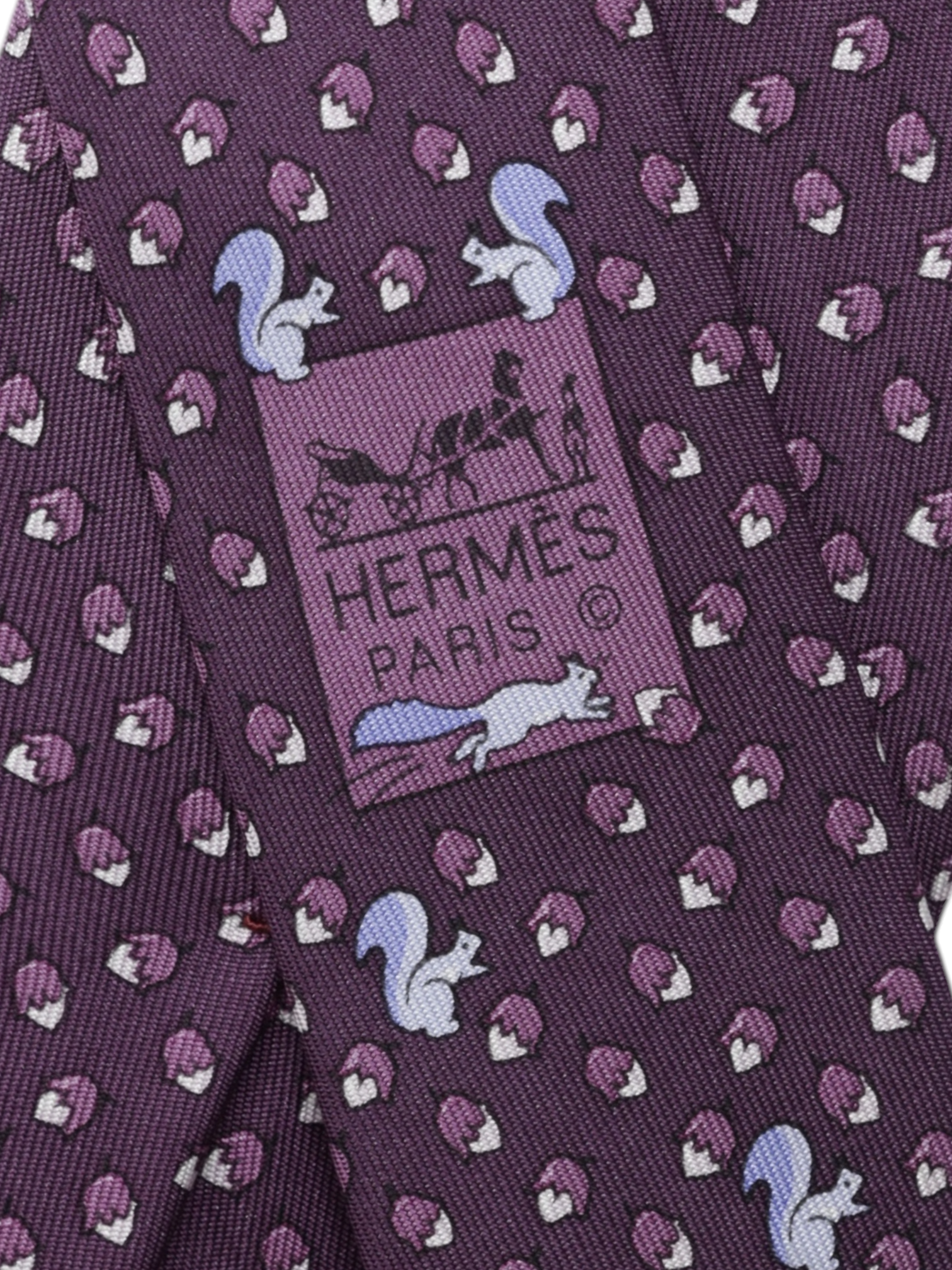 Hermès Purple Silk Squirrel & Acorns Pattern Tie