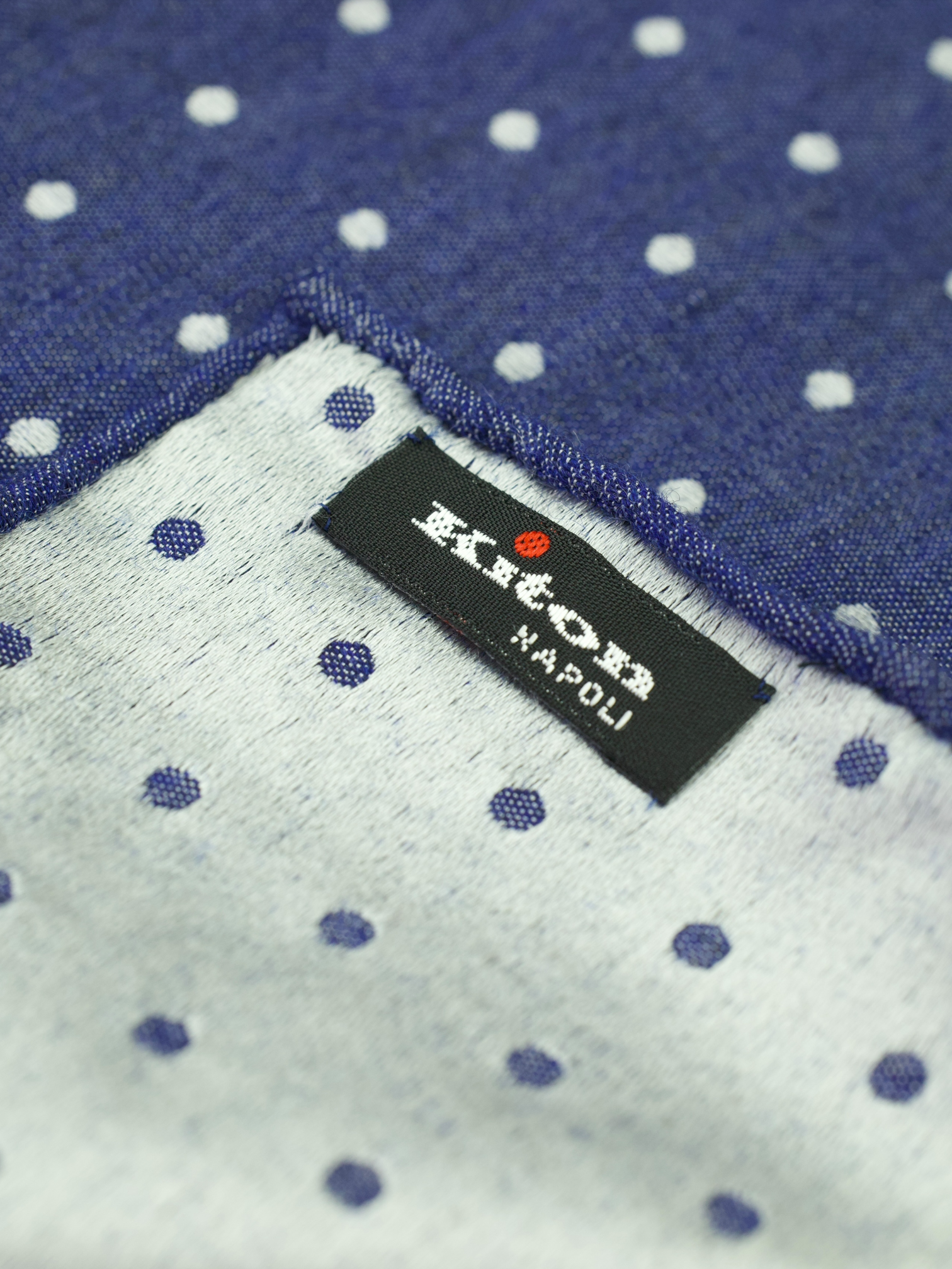 Kiton Indigo Blue Handrolled Double-Faced Silk Polkadot Pocketsquare
