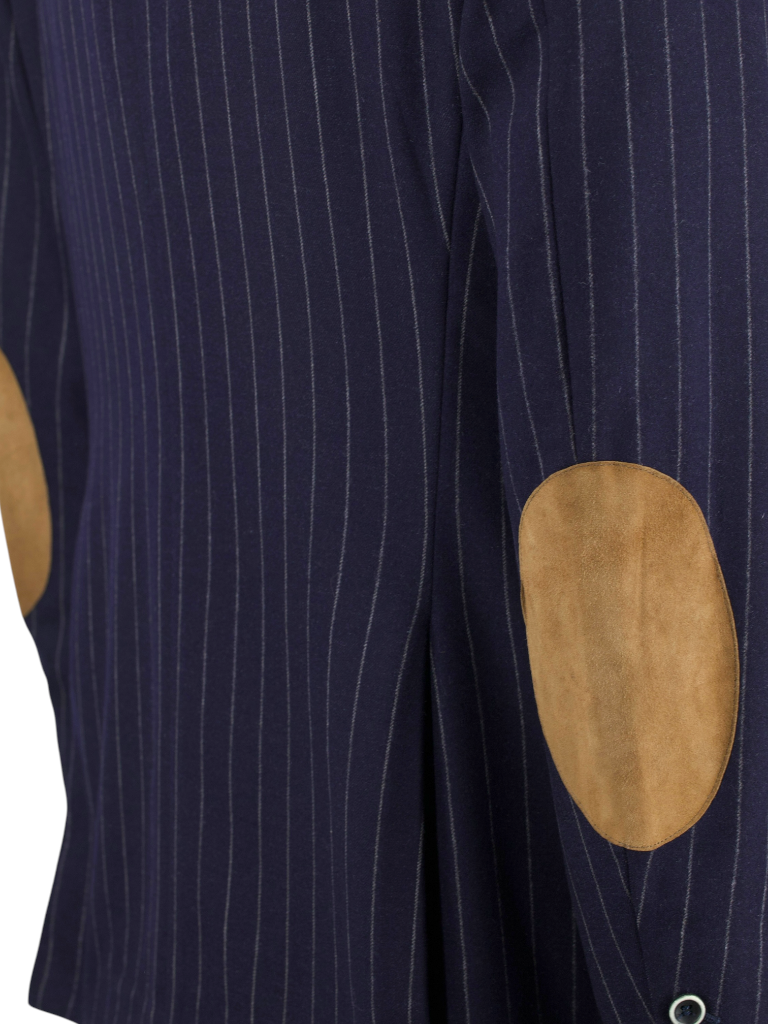 Brunello Cucinelli Navy Wool & Cashmere Elbow-Patch Pinstripe Jacket