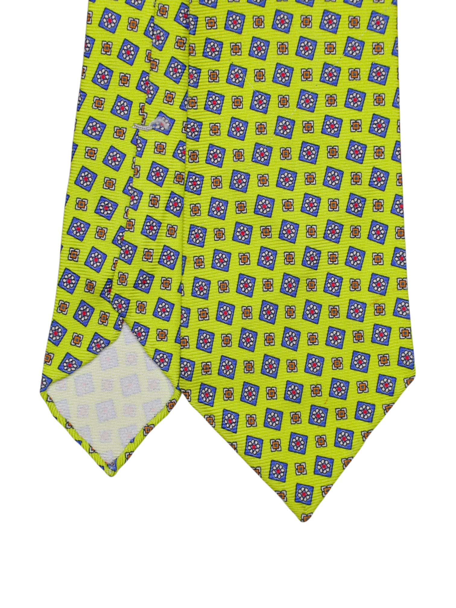 Kiton 5-Fold Lime Green & Blue Handrolled Silk Geometric Pattern Tie