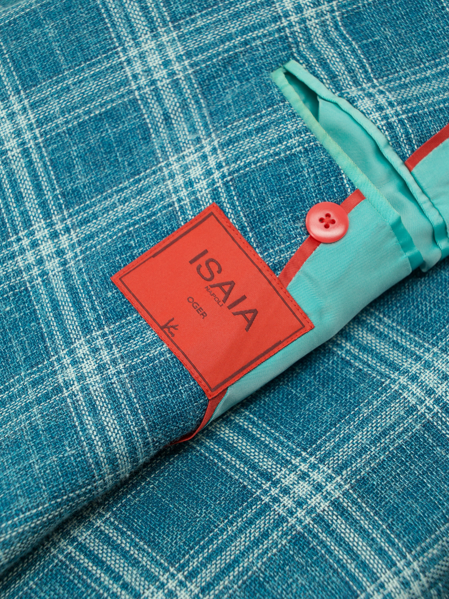 Isaia Turquoise Wool, Silk & Linen "Summer Hopsack" Windowpane Jacket