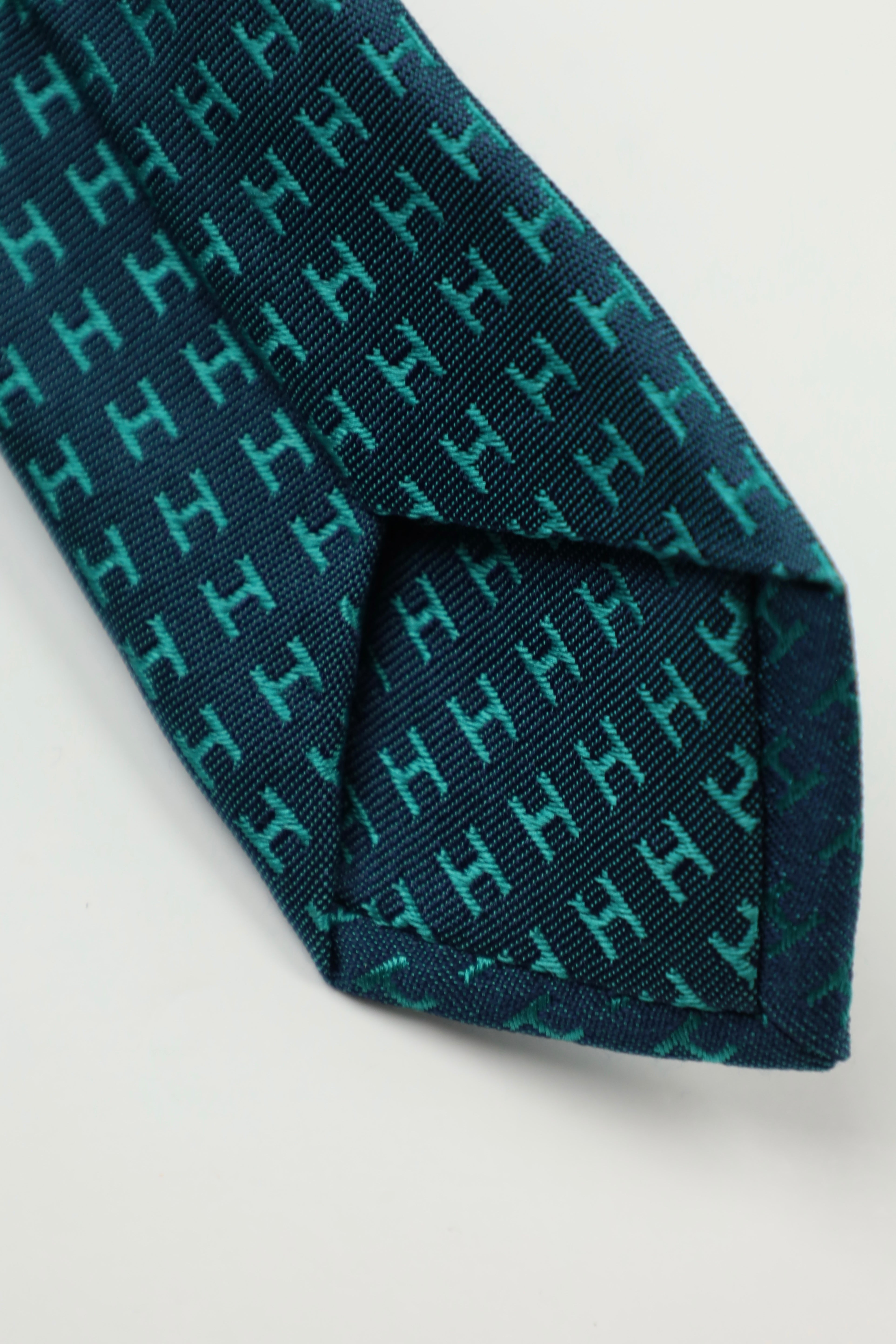 Hermès Petrol Geometric Jacquard H-Pattern Silk Tie