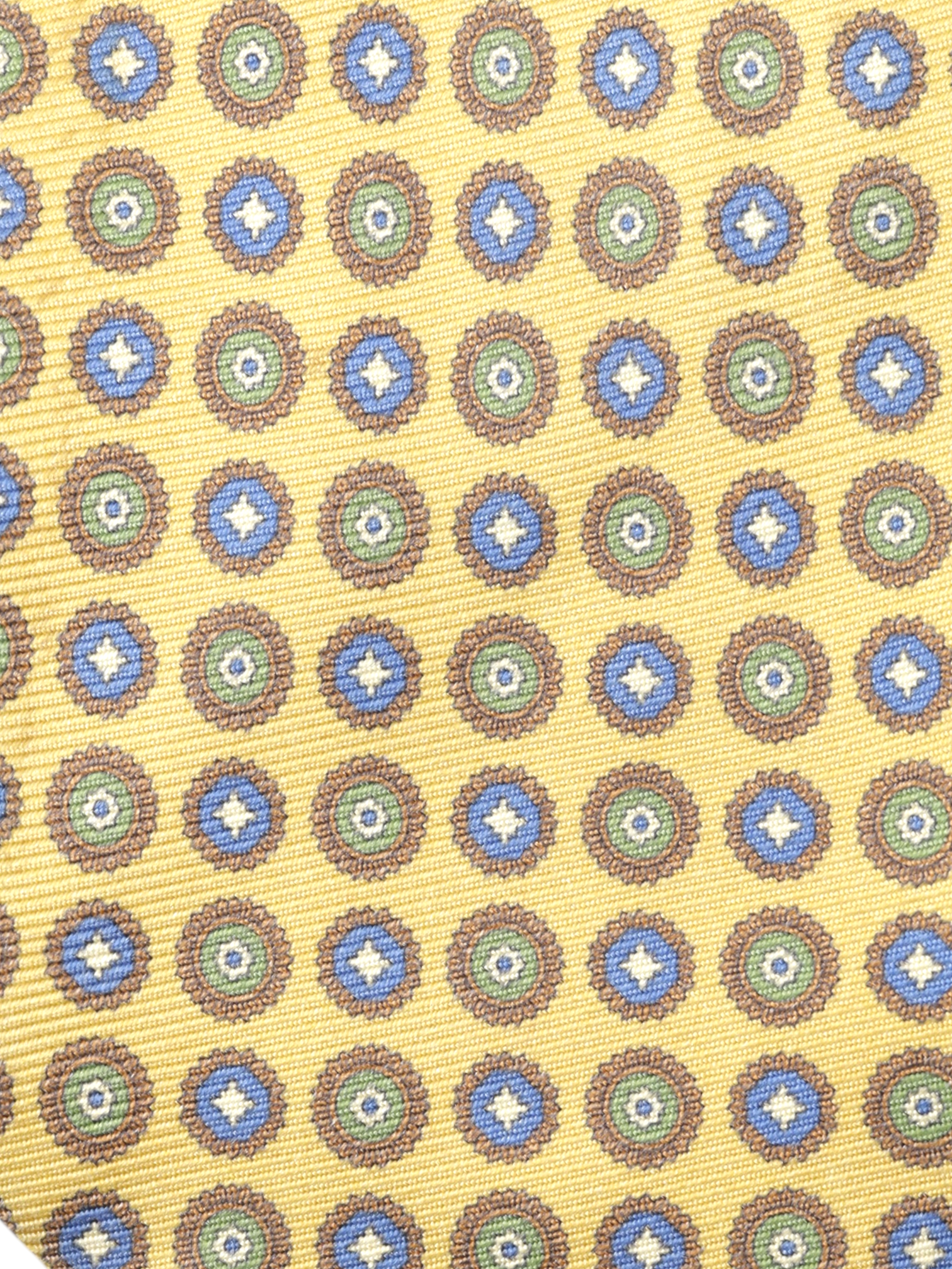 Kiton 5-Fold Sunflower Yellow & Blue Silk Vintage-Pattern Self-Tipped Tie
