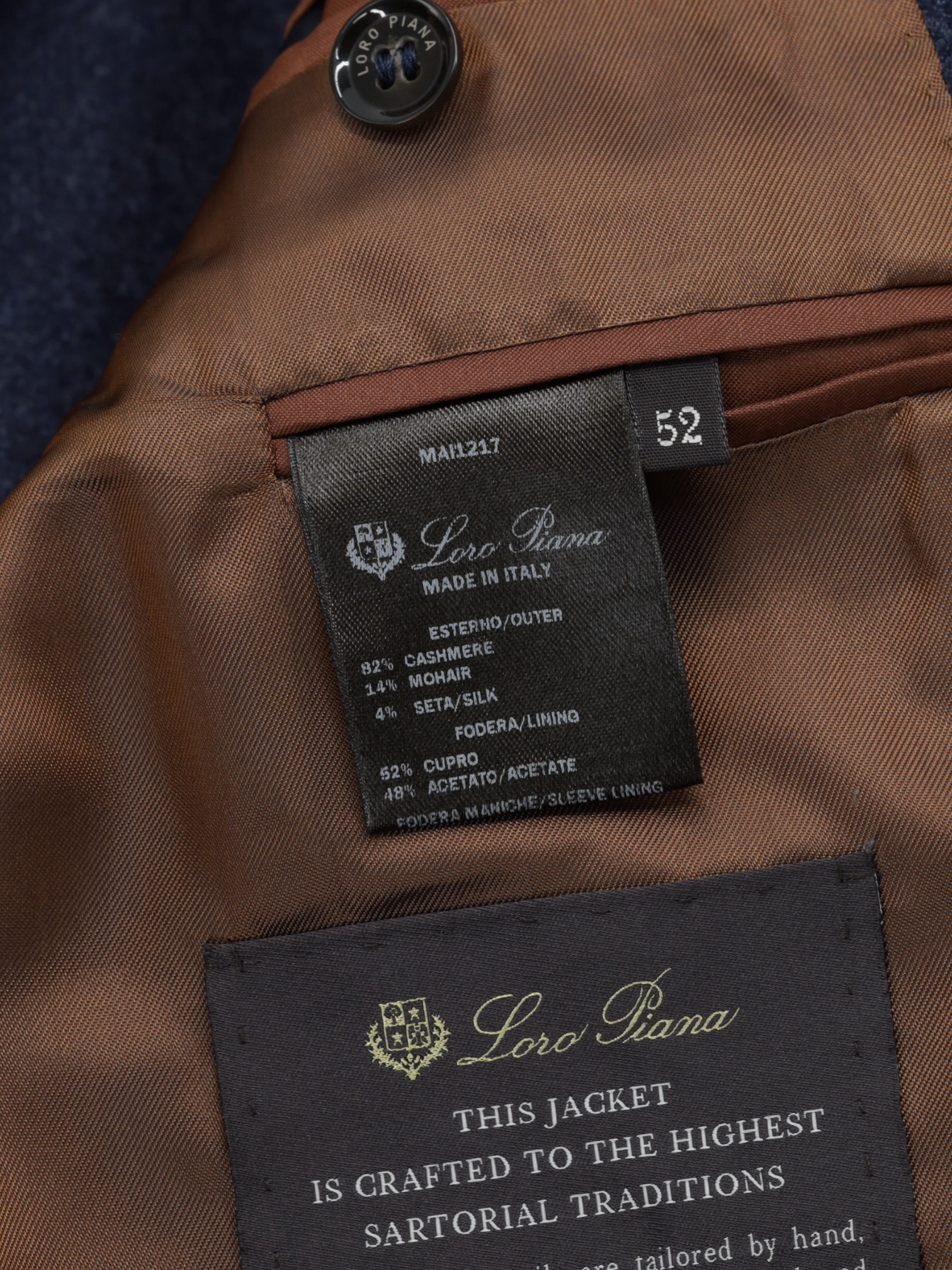 Loro Piana Dark Blue Cashmere, Mohair & Silk Sartorial Rain-System Jacket