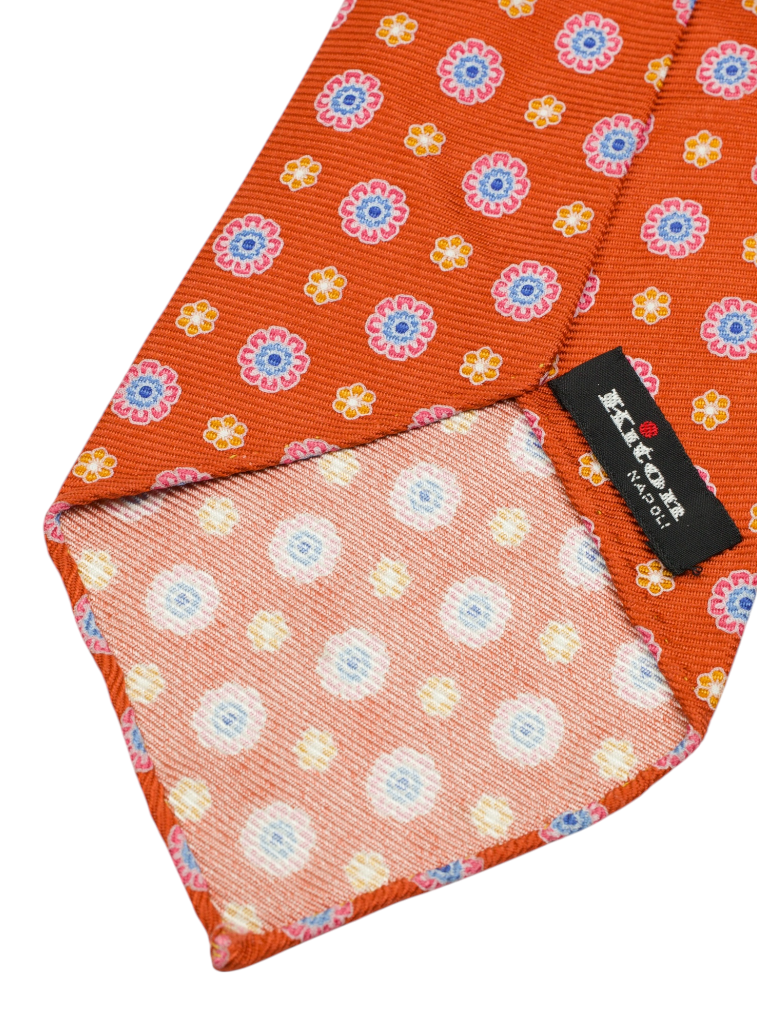 Kiton 5-Fold Red & Light Blue Handrolled Silk Floral Pattern Tie