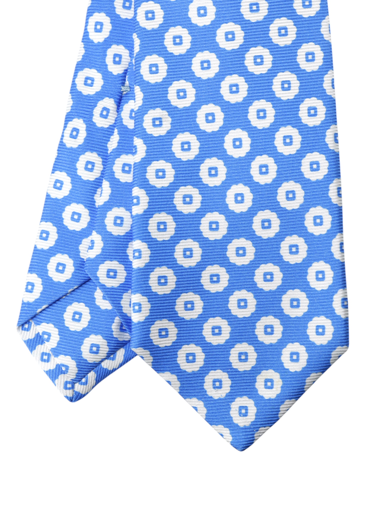 Kiton 5-Fold Azure Blue & White Silk Floral-Pattern Self-Tipped Tie