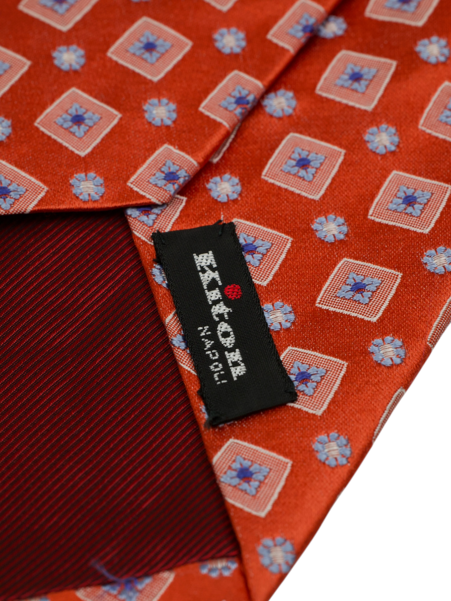 Kiton 5-Fold Coral Red & Light Blue Silk Geometric Pattern Tie