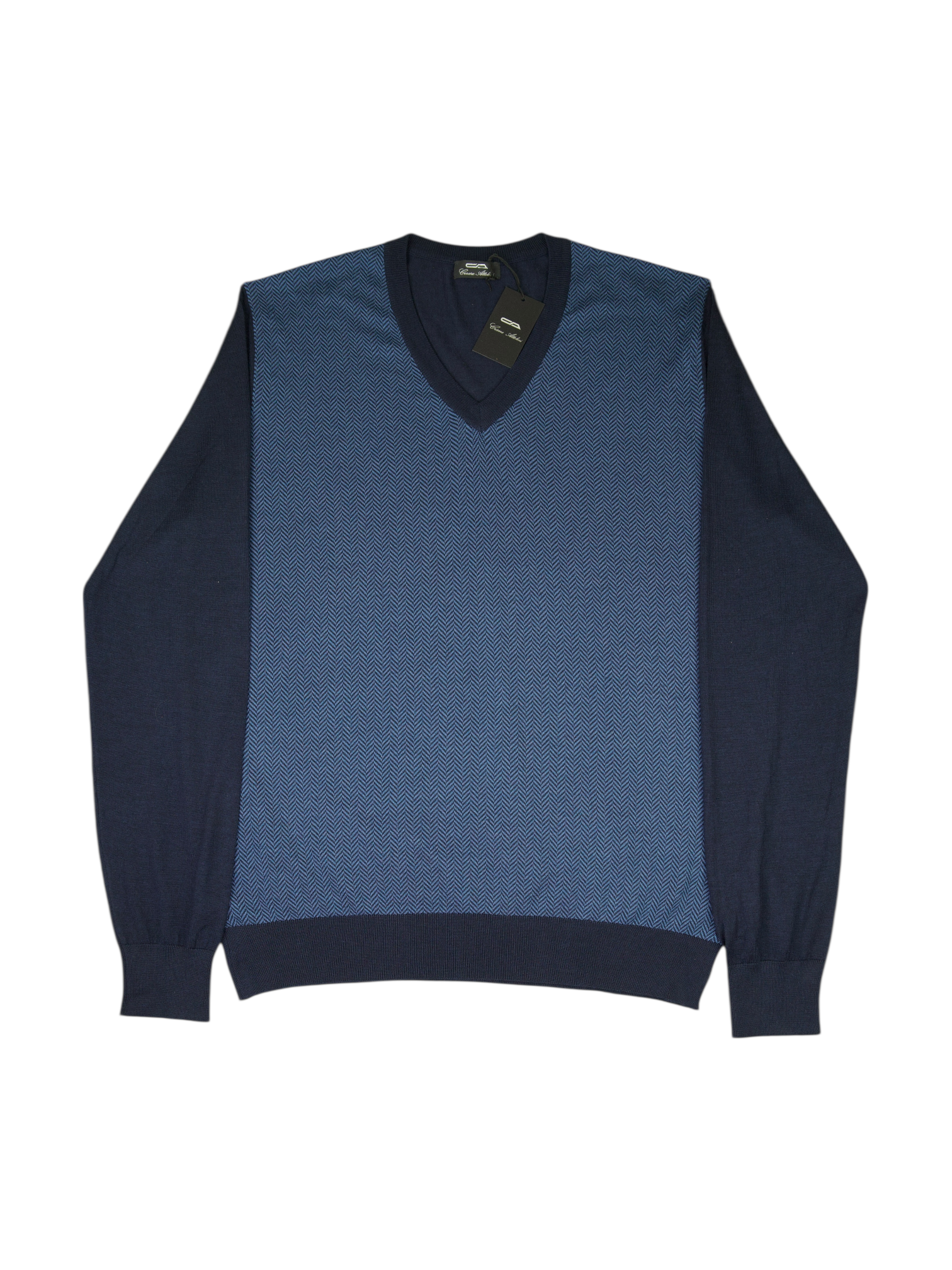 Cesare Attolini Blue Wool & Silk Herringbone V-Neck Sweater