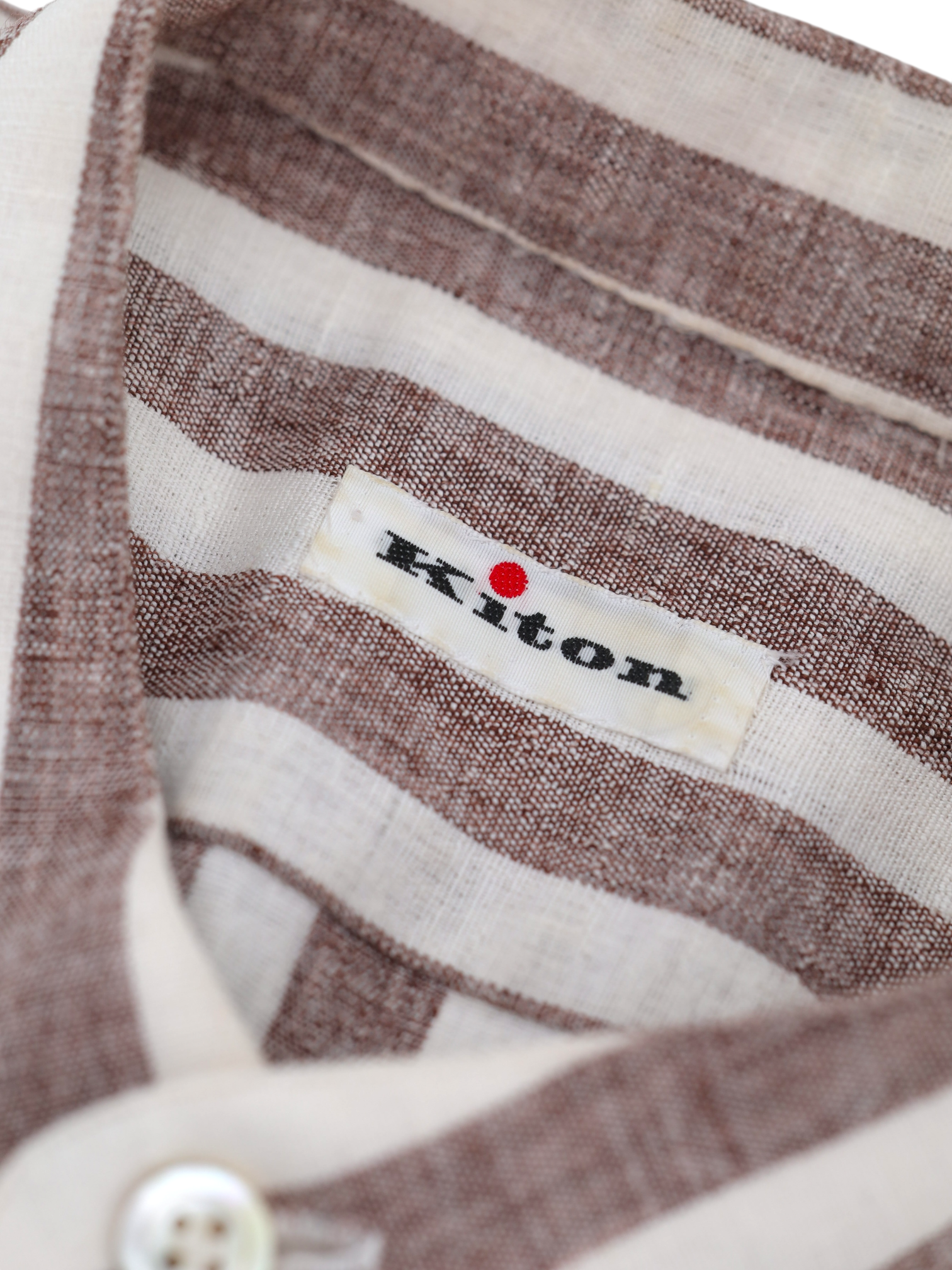 Kiton Brown & White Pure Linen Bengal Stripe Mandarin-Collar Shirt