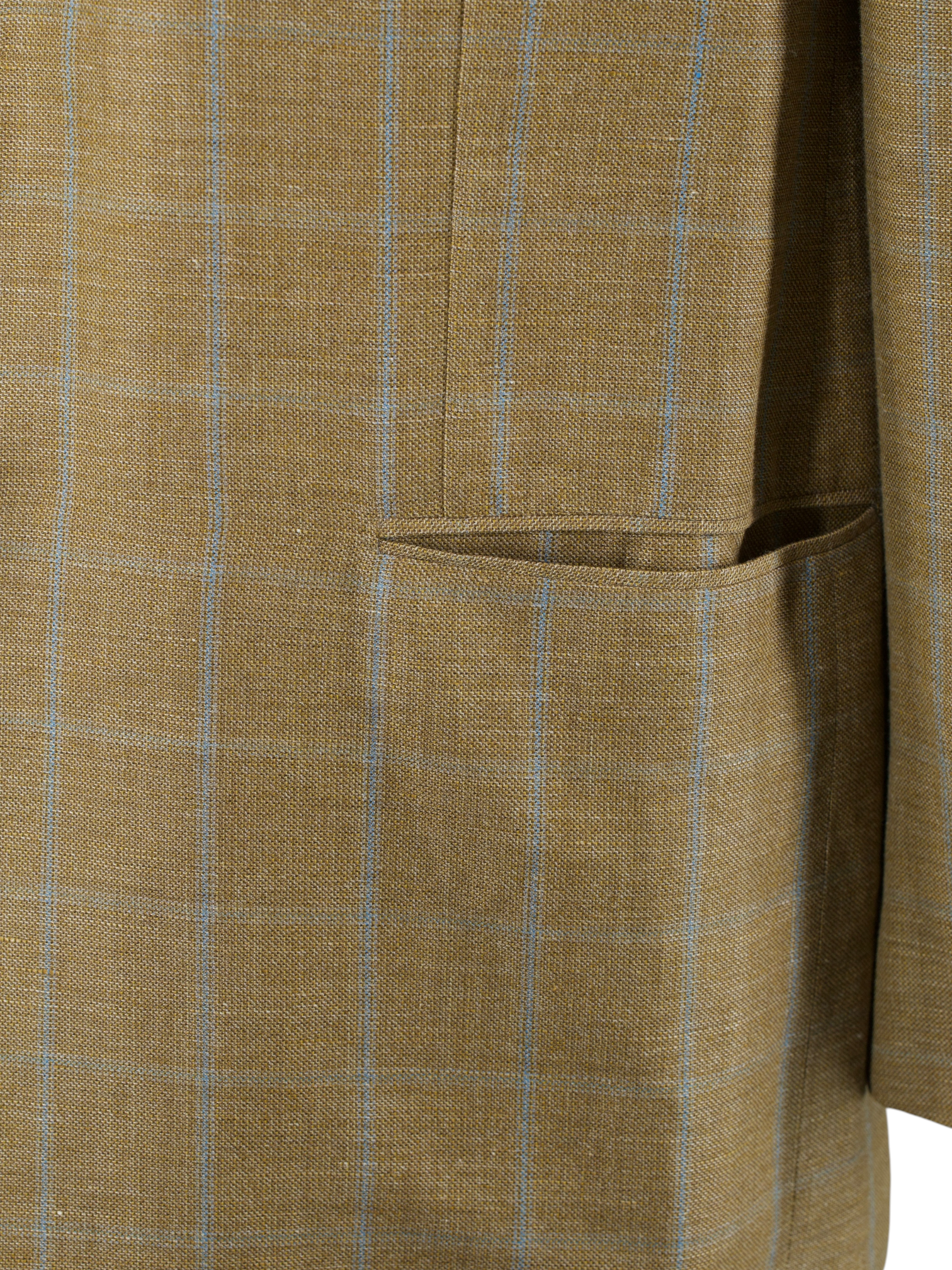 Kiton Caramel Brown & Light Blue Wool & Linen Windowpane Summer Jacket